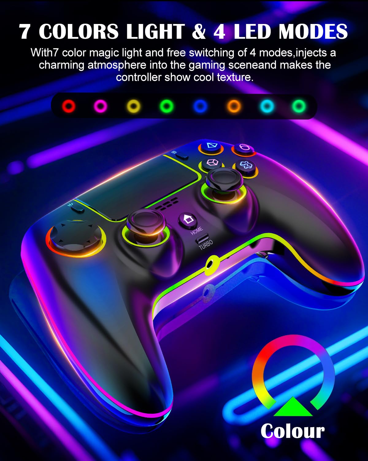 MYSTILUCK Controller Wireless per PS4/PS3/Pro/PC/MAC/iOS/Android/Steam Deck, Controllore con illuminazione RGB 7 Colori/Joystick Effect Hall/Doppia Vibrazione/Turbo/Jack Cuffie/Batteria 1500 mAh