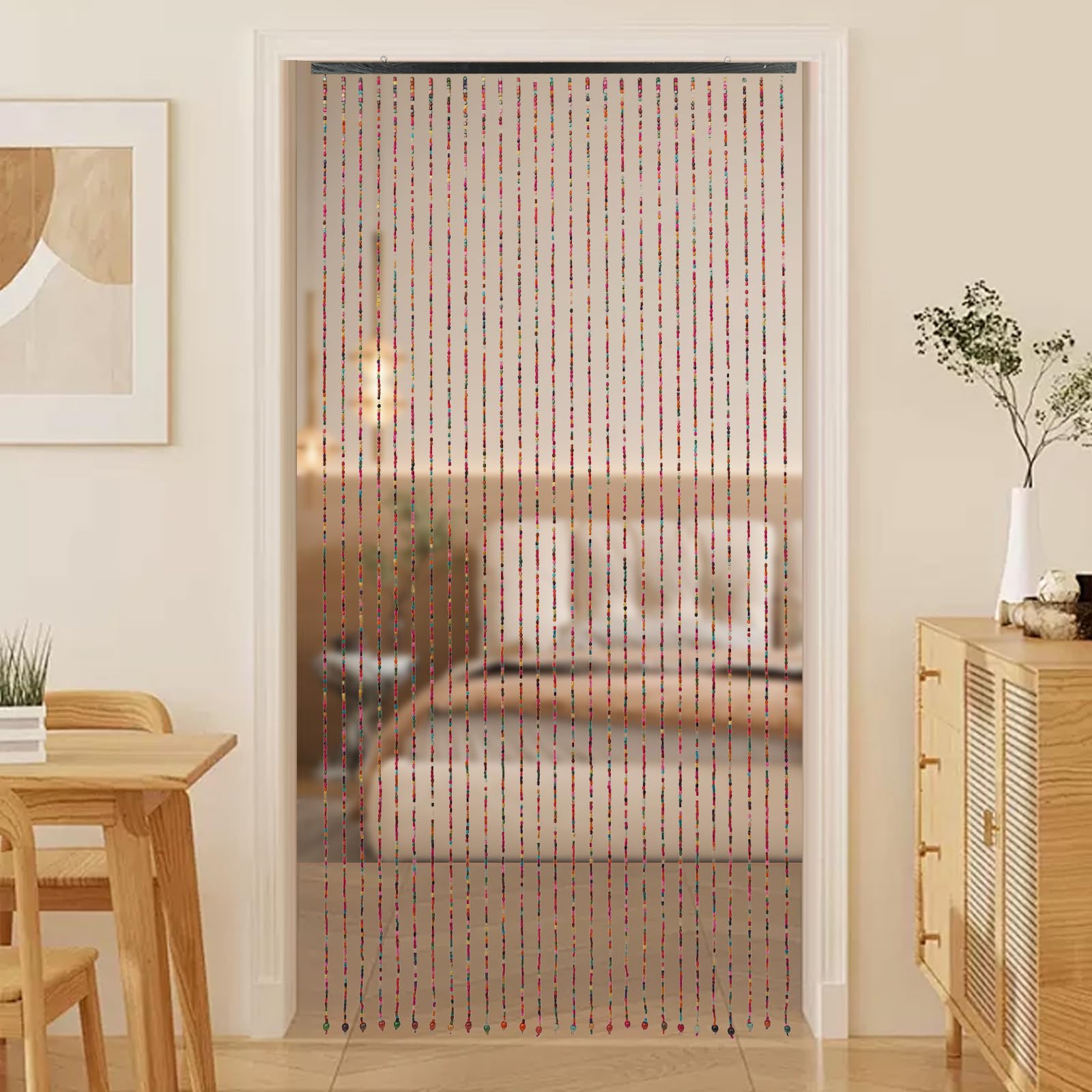 Rideau de porte en perles de bambou - 27 brins - Arc-en-ciel - Bois naturels multicolores - Rideau à fils - Anti-insectes - 90 x 175 cm