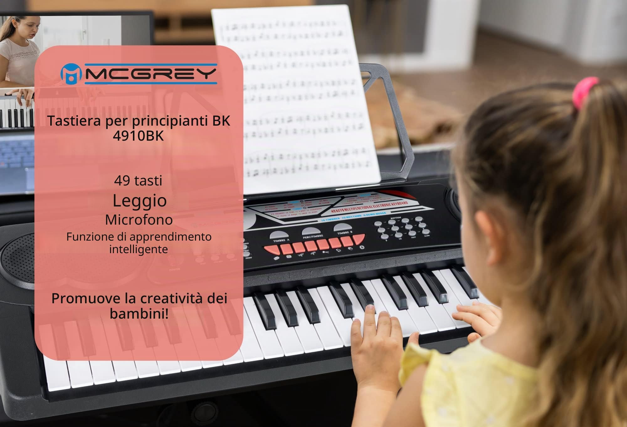 McGrey BK-4910BK Tastiera con 49 Tasti e Leggio, 16 Sounds, 10 Ritmi | Tastiera per principianti con 49 tasti, 8 suoni percussione, 6 Demo Songs, Regolazione del volume a 8 livelli, 5 mm), Peso: 2
