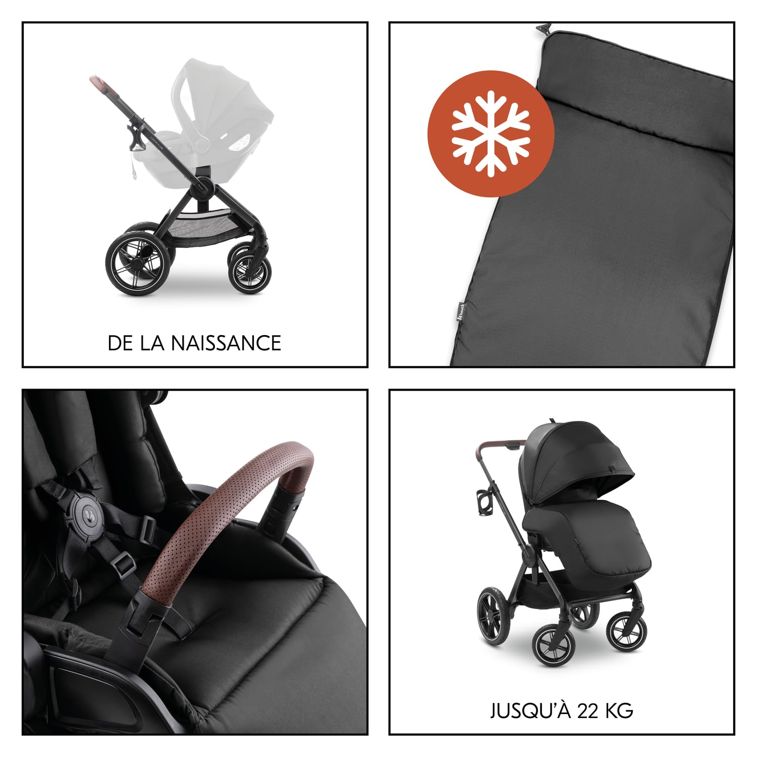 hauck Poussette Compacte, Couvre Jambes et Canopy XL, Comfort N Care Black | Grandes roues caoutchouc, poignée réglable, siège réversible, UPF 50+, position allongée dès la naissance à 22 kg / 4 ans