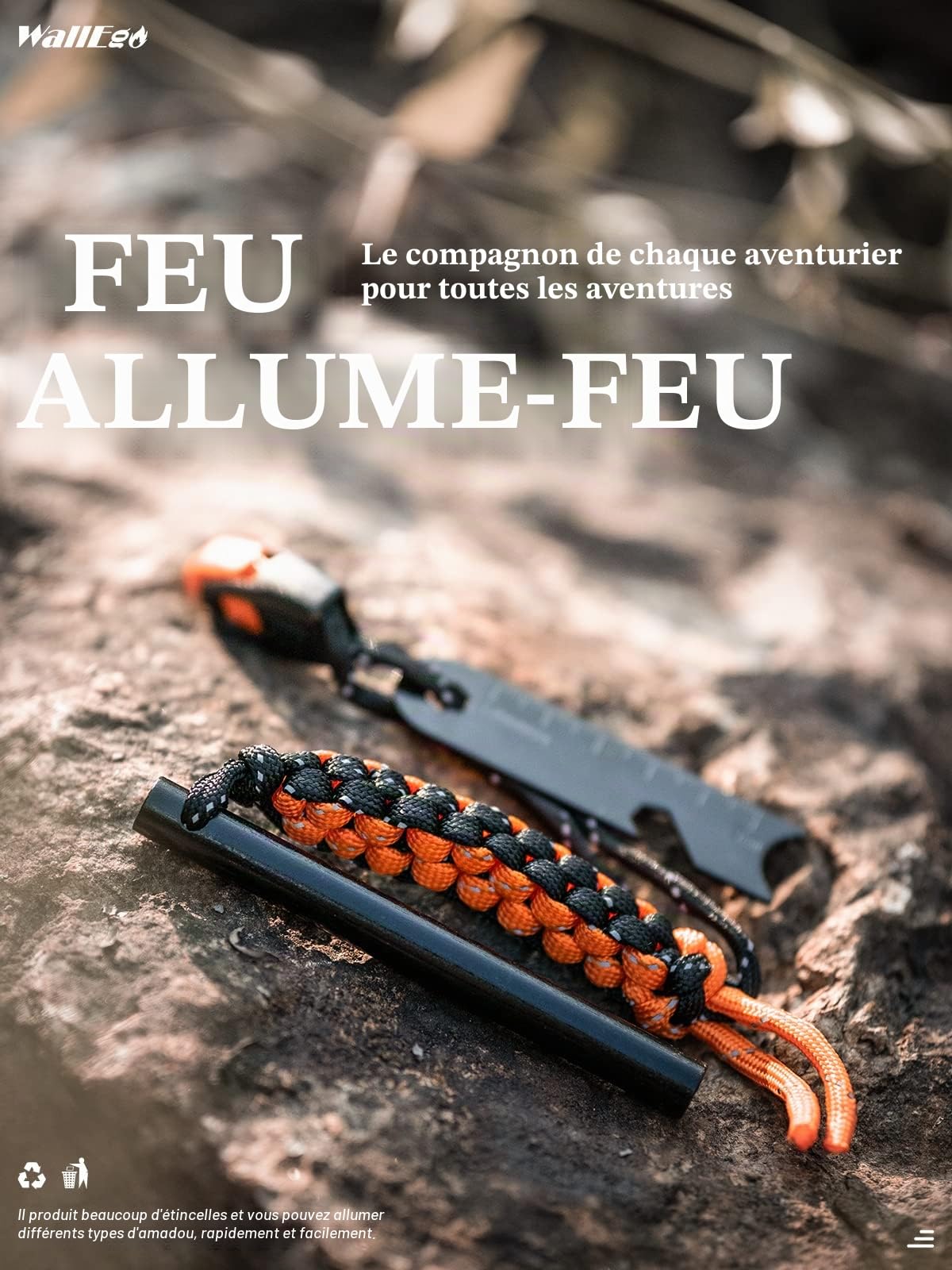 Allume Feu Survie, Pierre a Feu Grattoir Multi-Outils Cordon Paracorde et Sifflet d'urgence, pour Les Voyages, Le Camping, la Randonnée