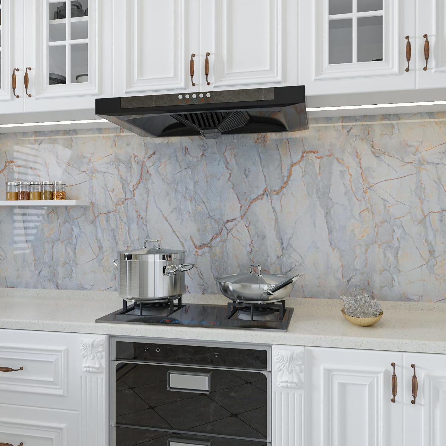 Blue Gold Beige Marble Contact Paper for Countertops Peel and Stick Glossy Marble Wallpaper Waterproof Self Adhesive Marble Vinyl Wrap Wall Paper for Bathroom Kitchen Table Shelf 11.8"x118"