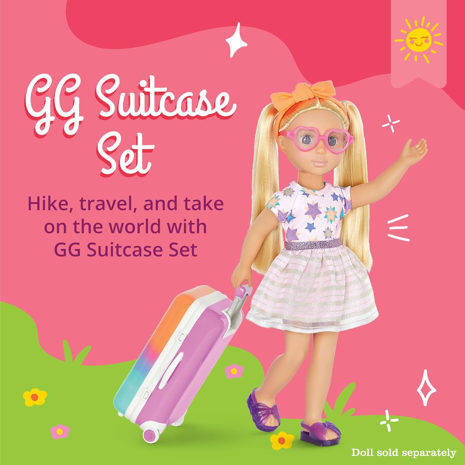 Glitter Girls – 14-Inch Doll Clothes & Accessories– Suitcase & Fashion Set – Luggage with 3 Mix & Match Outfits & Heart Glasses – Rainbow Pajama, Swimsuit, Star – Print Dress – 3+ Years