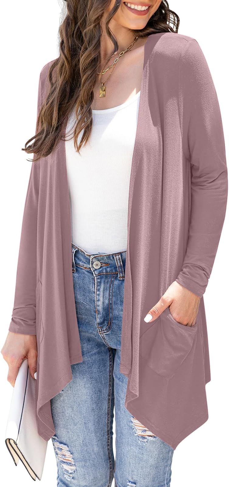 Veryoung Women's Lightweight Cardigan Casual Soft Long Sleeve Floral Knit Cardigans with Pockets High Low Hem Draped Duster