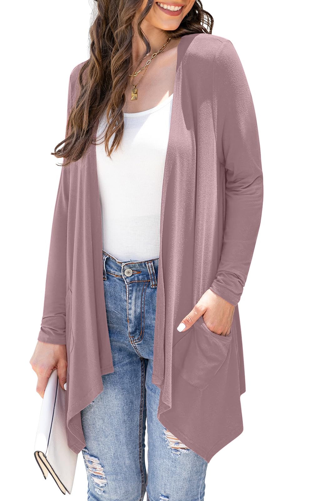 Veryoung Women's Lightweight Cardigan Casual Soft Long Sleeve Floral Knit Cardigans with Pockets High Low Hem Draped Duster