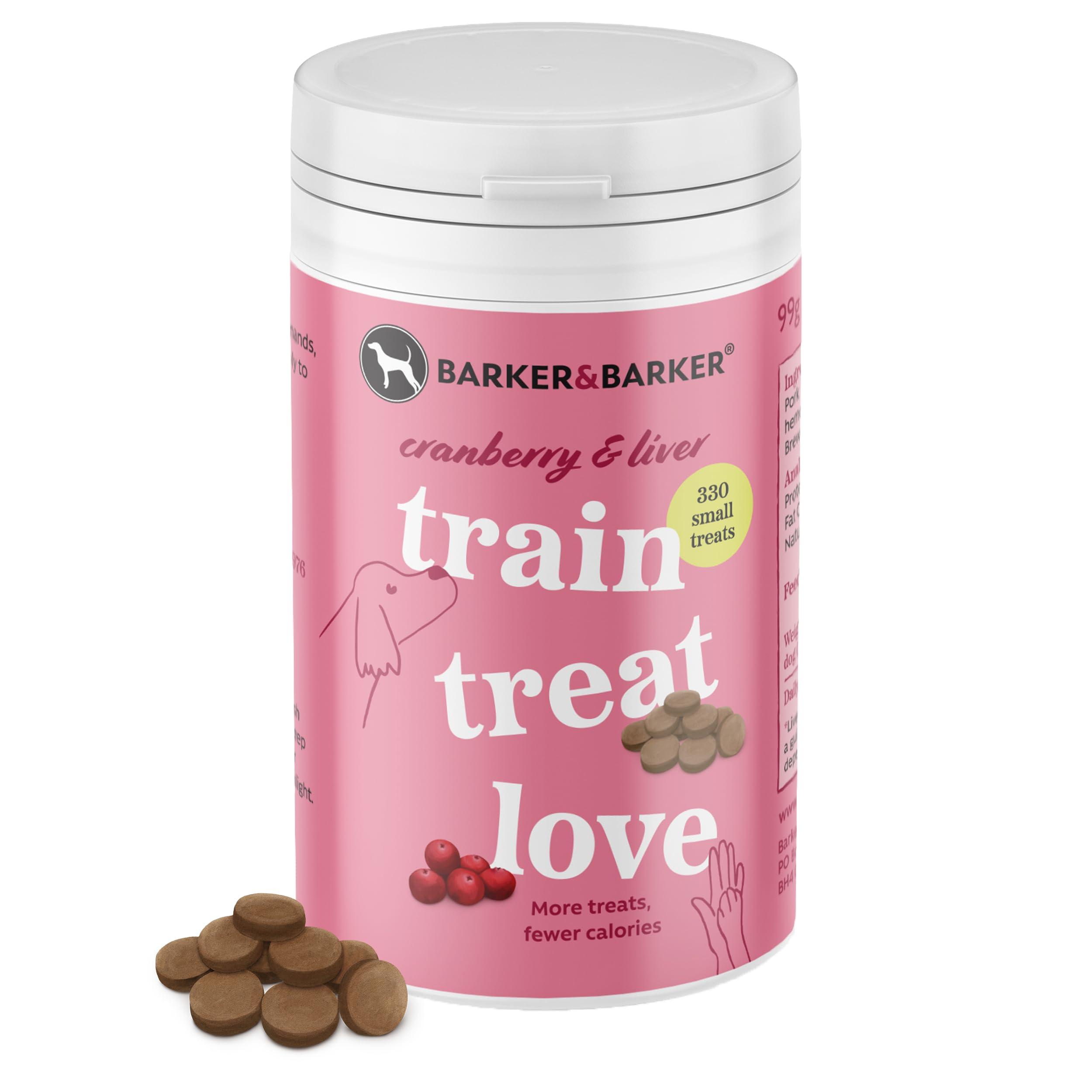 Barker and Barker Grain Free Dog Training Treats - 330 Healthy Cranberry & Liver Treat Pot - Low Calorie, High in Protein & B Vitamins - No Artificials - 100% Human-Grade for Puppies & Small Dogs