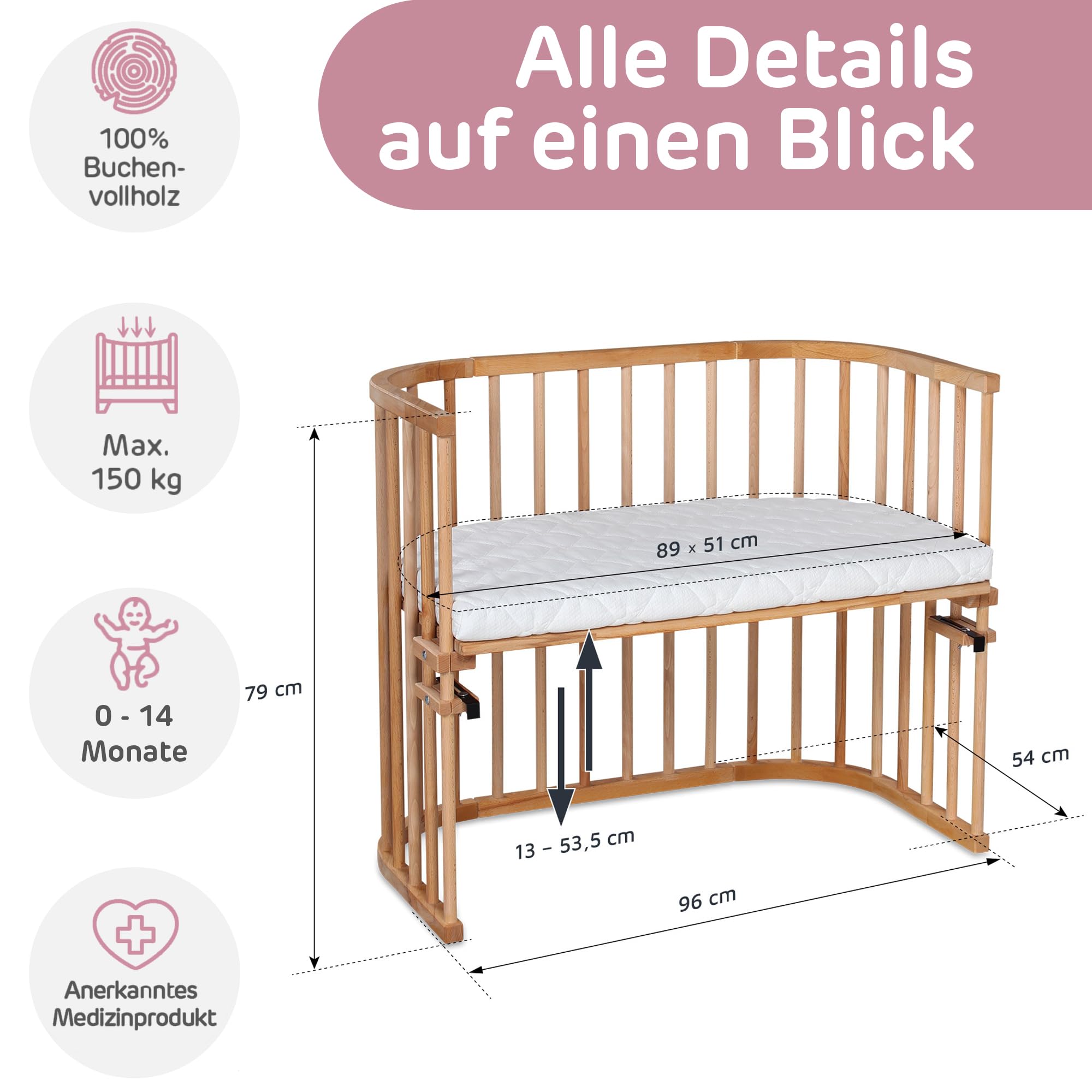 babybay Maxi letto extra large in legno massello di faggio I Altezza infinitamente variabile per il letto dei bambini, Nucleo di faggio oliato