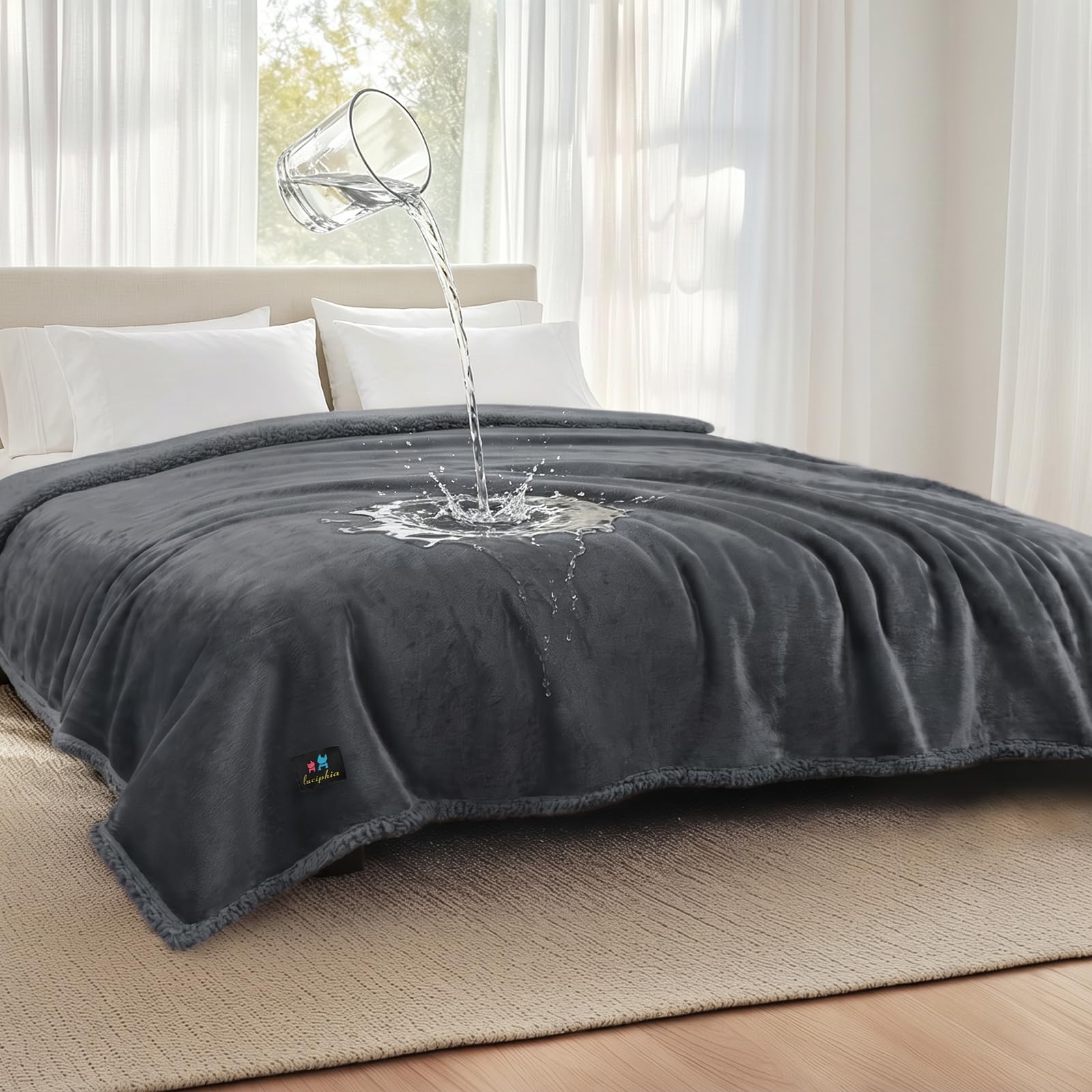 Luciphia Waterproof Pet Blankets, Liquid Pee Proof Dog Blanket for Sofa Bed Couch, Reversible Sherpa Fleece Furniture Protector Cover for Small Medium Large Dogs Cats, Dark Gray King Size（100" x 85"）