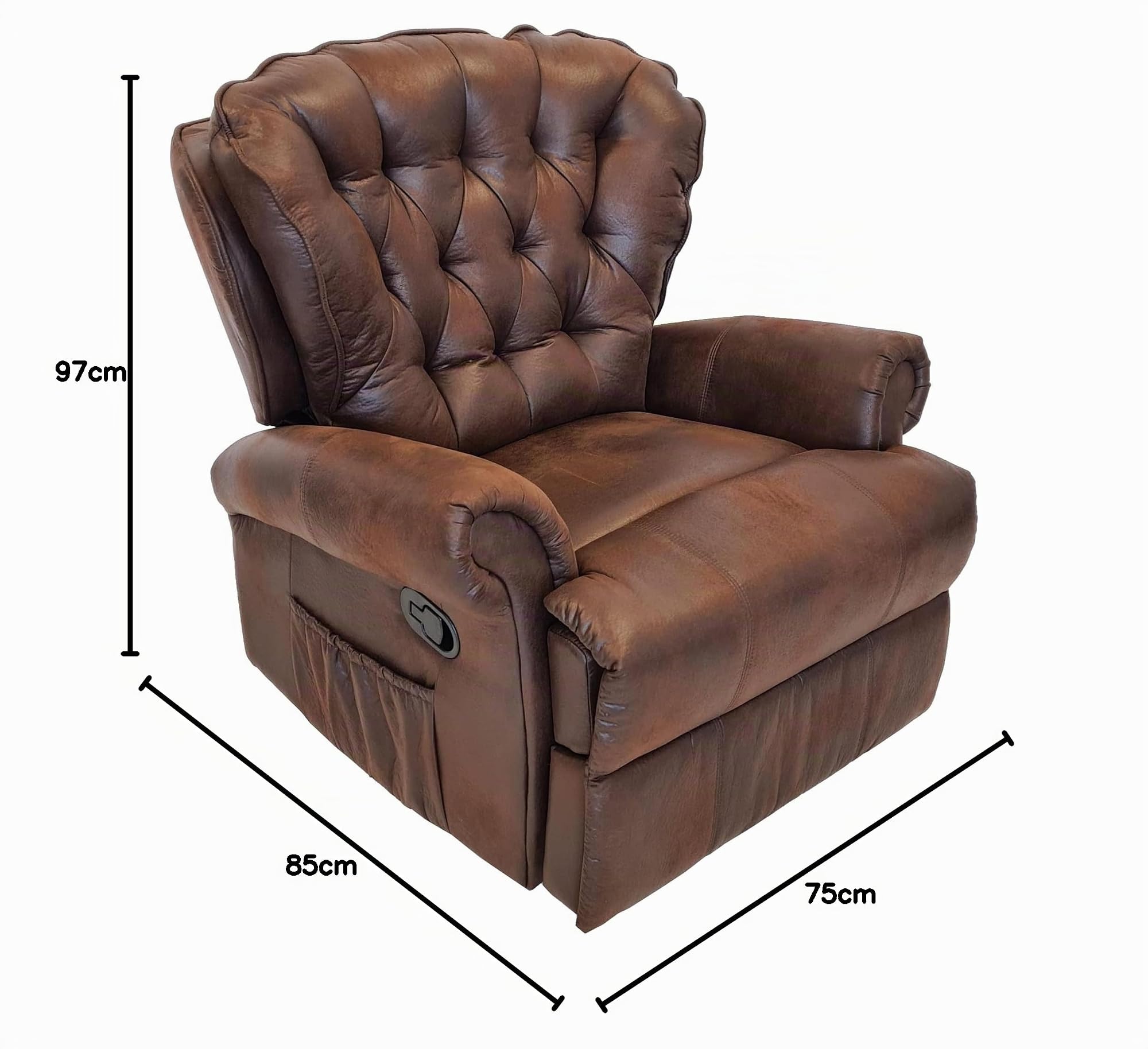 ABC Home Relaxsessel im Chesterfield-Stil – Komfort-Sessel mit manueller Liegefunktion – Edle Vintage-Optik in Braun – Hochwertiges Mikrofaser-Gewebe – 85 cm Breit