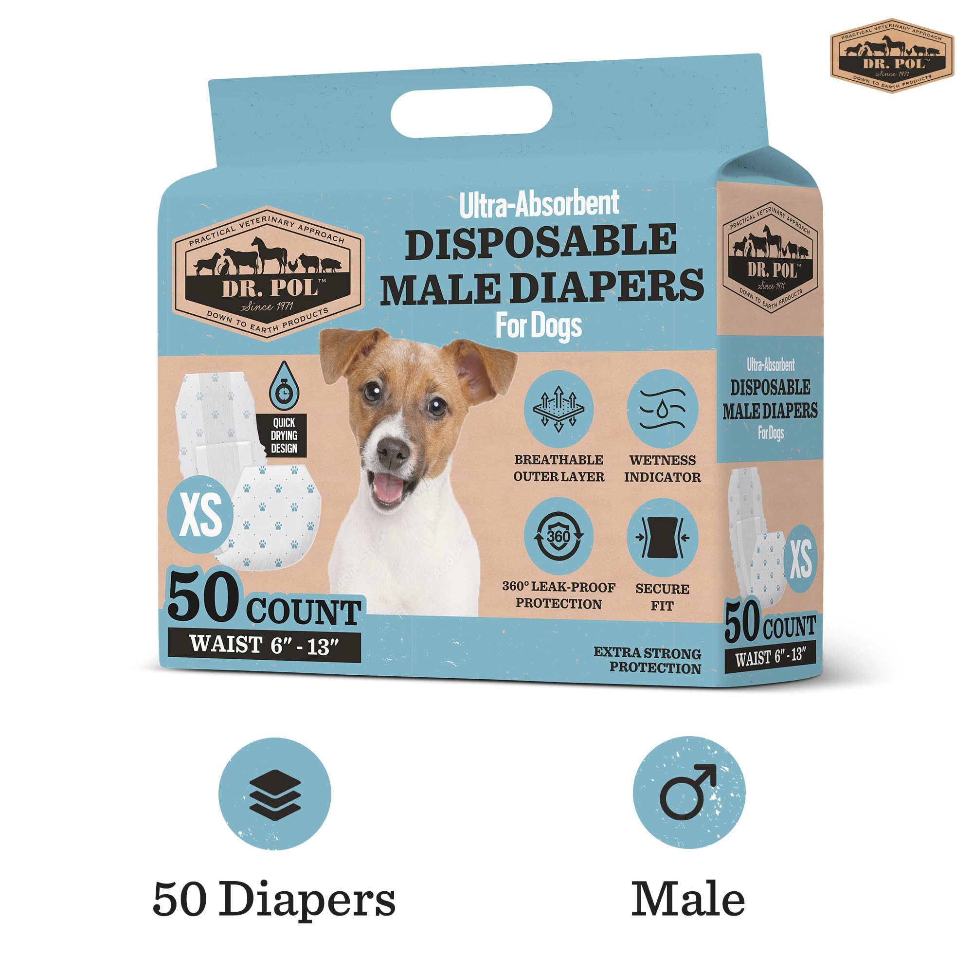 Dr. Pol Pañales para Perros machos, superabsorbentes, Transpirables, a Prueba de Fugas, con indicador de Humedad, XS, 50 Unidades