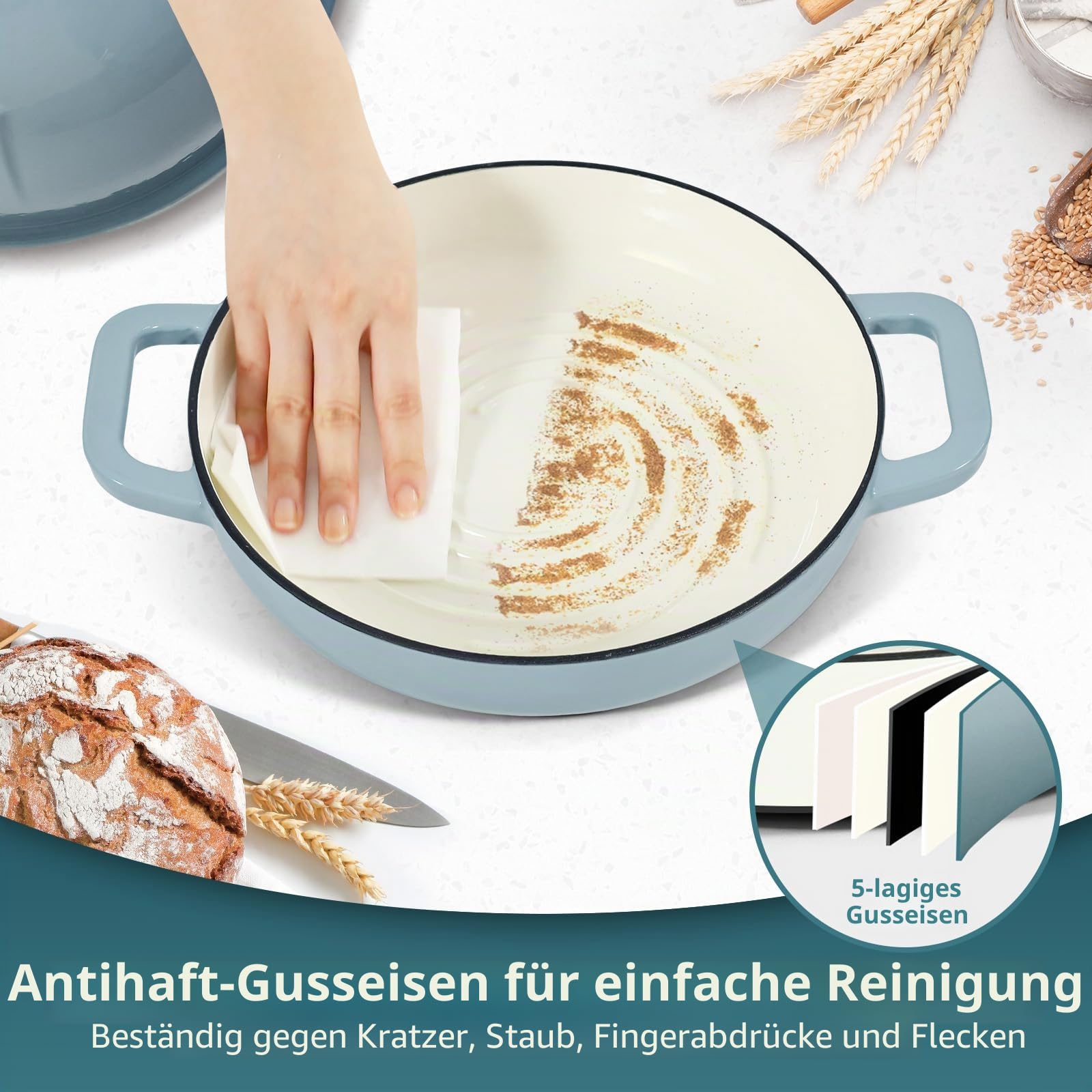 Davivy Gusseisen Topf Brot Backen, 5,35L/25cm Bräter Emaille Schmortopf mit Hochgewölbter Deckel und Griffen, Brotbacktopf mit Gärkorb für Küche Backen, Dutch Oven mit Brotschlinge (Meersalzblau)