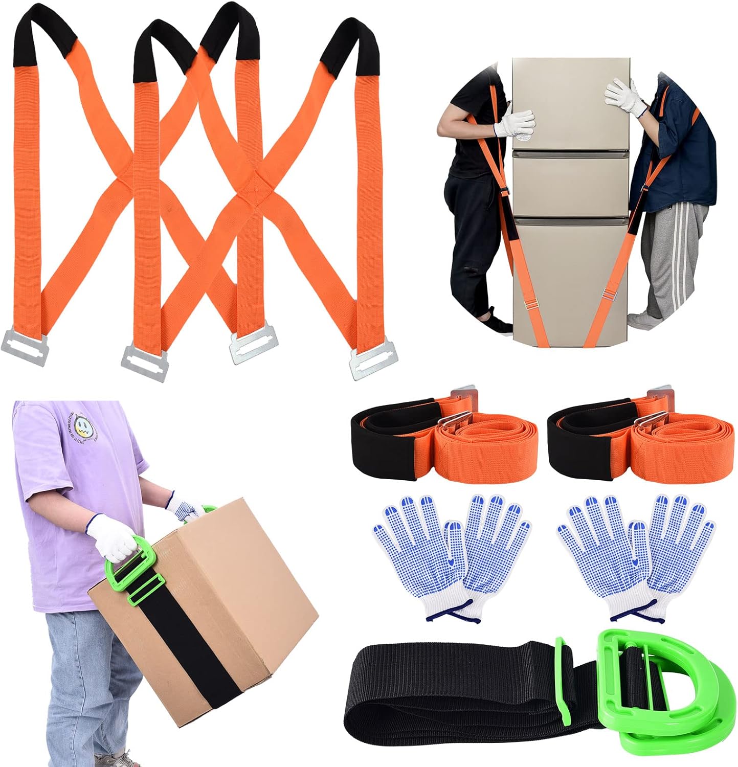 Moving Lifting Straps Kit, Adjustable Shoulder Securing Straps with Non-Slip Gloves for 2-Person and 1-Person Widen Handle Lifting Strap, Safely Easily Carry Furniture Appliances Mattresses Boxes
