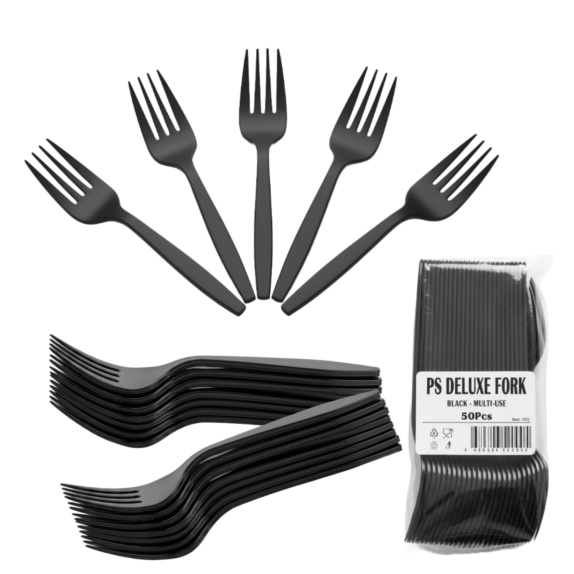 x50 Black Plastic Forks Cutlery Set – Heavy Duty Reusable Plastic Forks Set Strong Disposable Cutlery Set for Party Weddings, Catering, BBQs & Events​