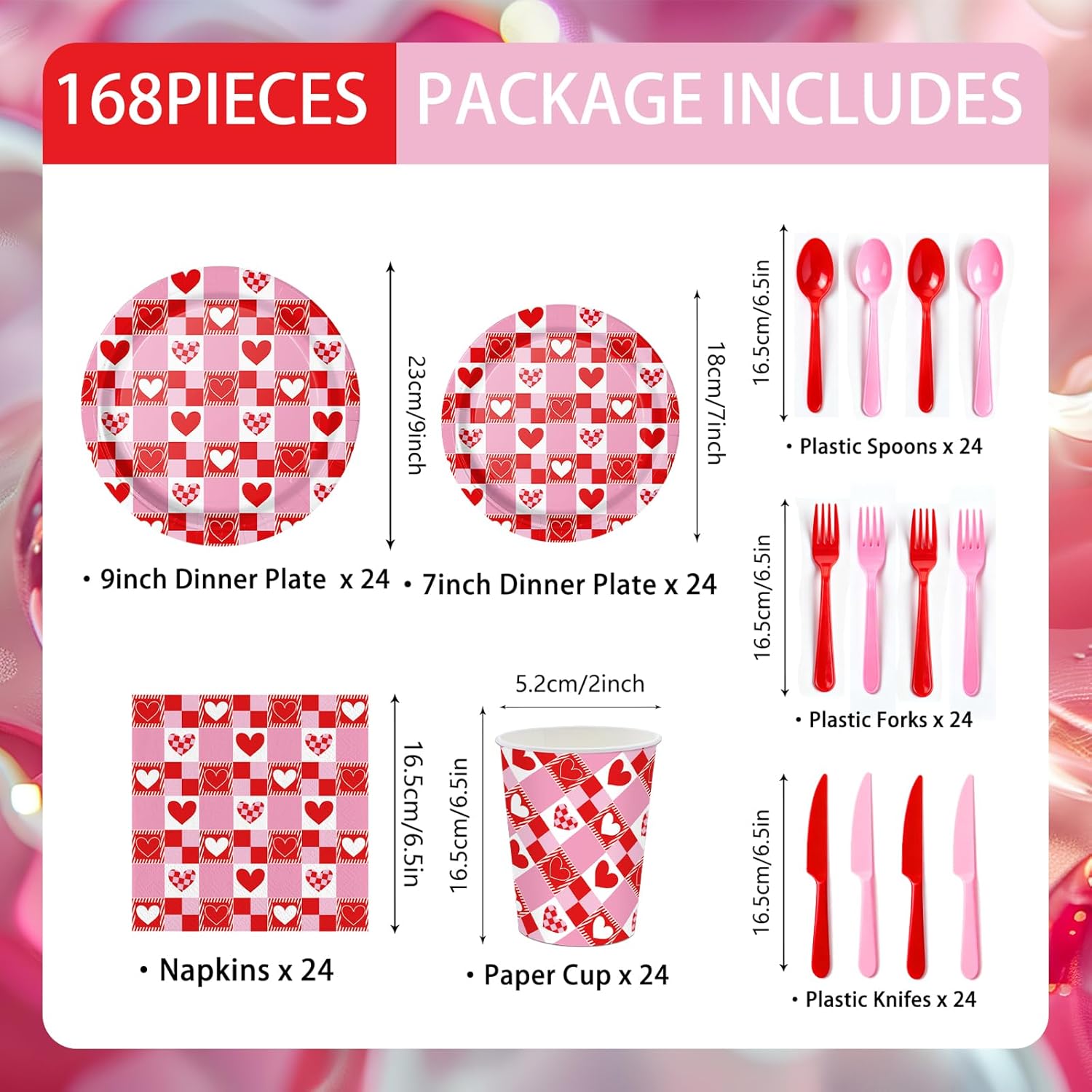 168pcs Valentine Party Supplies Paper Plates Napkins Red Heart Checkered Disposable Tableware for Valentine Party Dinnerware Serve 24 Guests