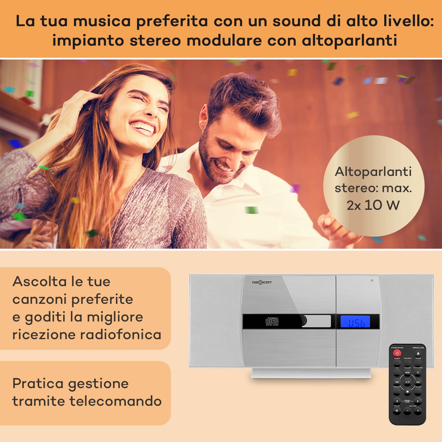 oneConcept Radio Portatile con Lettore CD HiFi, FM Stereo, AUX, 2 Altoparlanti, Display LCD, Telecomando, Sveglia, MP3, SD