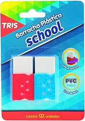 Borracha Branca Plástica com Capa Protetora, Tris, School, 2 Unidades, Cores Sortidas