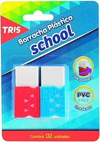 Borracha Branca Plástica com Capa Protetora, Tris, School, 2 Unidades, Cores Sortidas