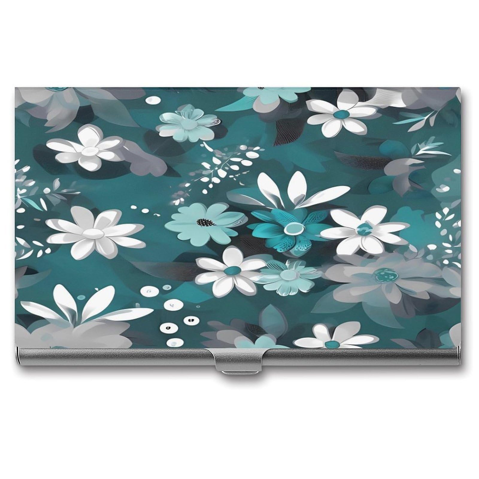 LDGSUPH Teal Grey And White Floral_76917038 Business Card Holder Fashion Slim Name Card Holder Minimalist Design Case Metal Card Carrier Personalized Business Card Case with Flip for Men Women
