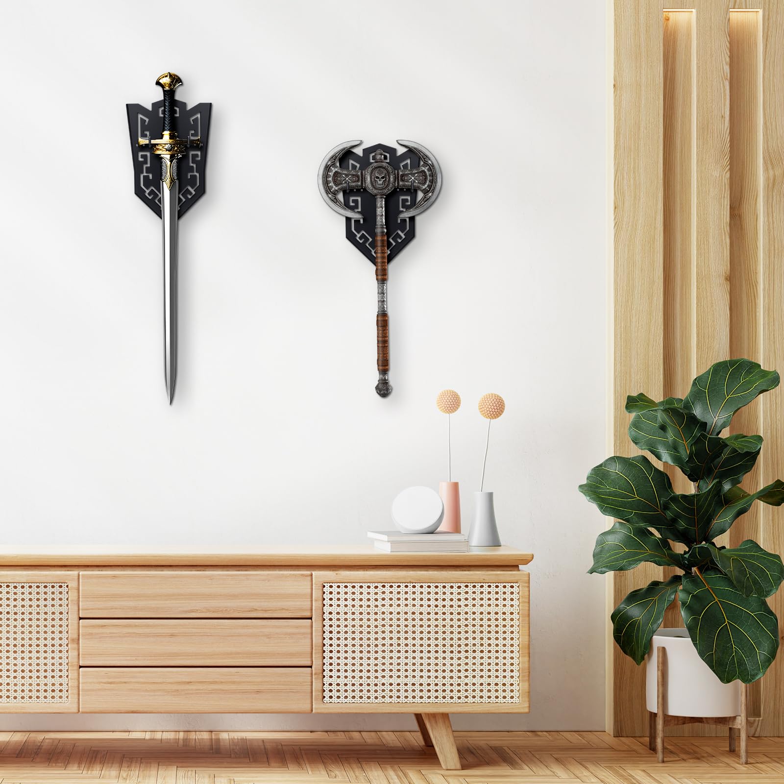 Schwert-Wandhalterung, vertikal, mit hohlgeschnitztem Design für Schwerter, Äxte, Bögen und Dolche