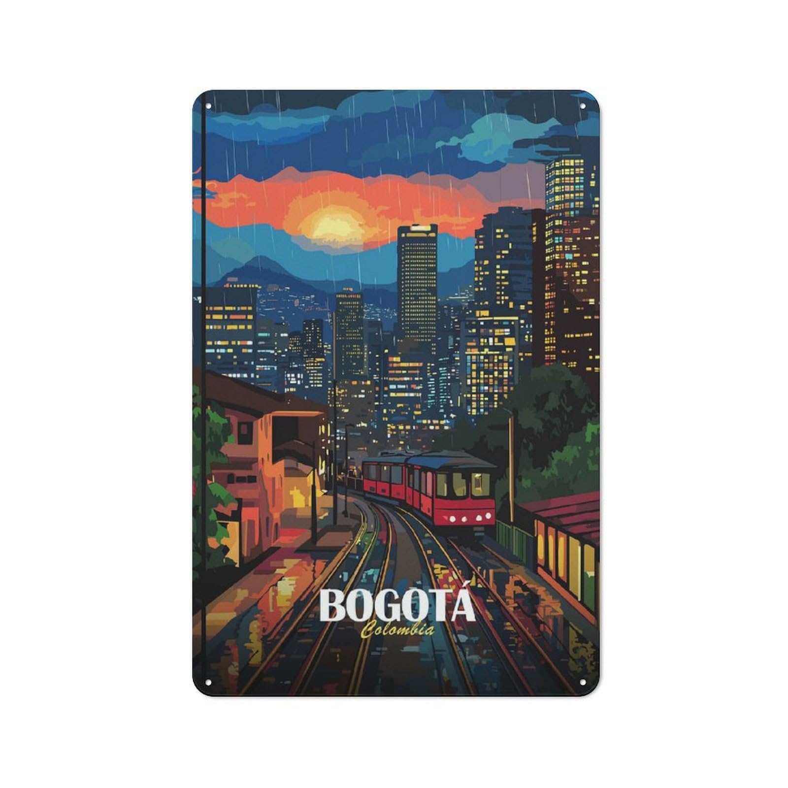 Junmoney Style-10 Bogota Colombia Cityscape Rainy Night Urban Metal Wall Decor 30X20cm, Industrial Metal Sign For Flat, Bar, Studio Or Gallery Wall