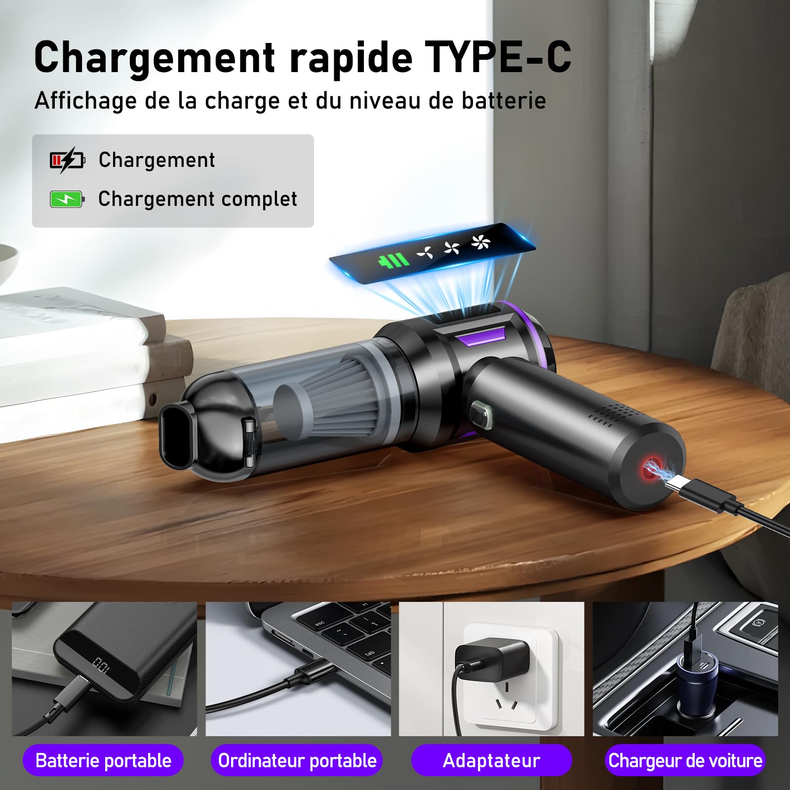 Aspirateur à Main sans Fil 28000Pa, 4-en-1 Aspirateur Voiture avec Moteur Brushless, Display LCD, Batterie 8000mAh, Recharge USB-C – pour Auto, Maison, Bureau, Polstermöbel
