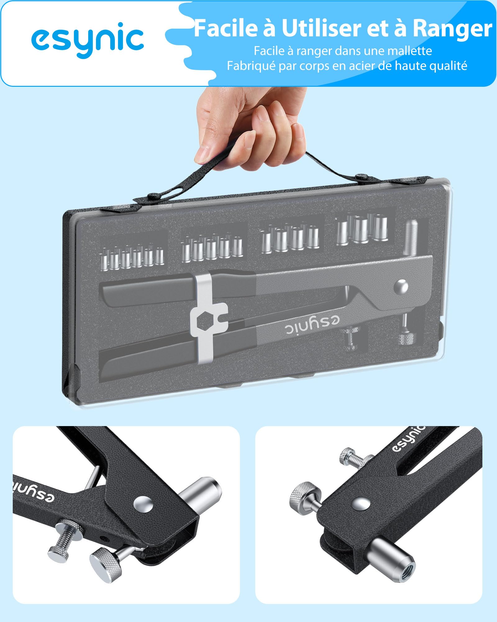 eSynic 86PCS Pince Écrou à Riveter Noir Acier de Haute Qualité Pistolet à Écrou avec 5 Mandrins M3 M4 M5 M6 M8 Kit de Pince à Riveter avec Boîte de Rangement
