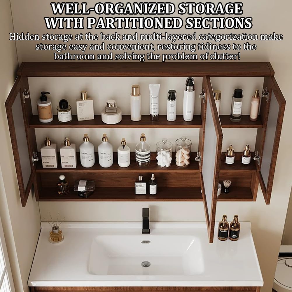 Large Wall-Mounted Bathroom Mirror Medicine Cabinet, Wooden Bathroom Storage Cabinet, with Smart LED Defogger, Time Display, Touch Switch, and Floating Organizer,L118cm