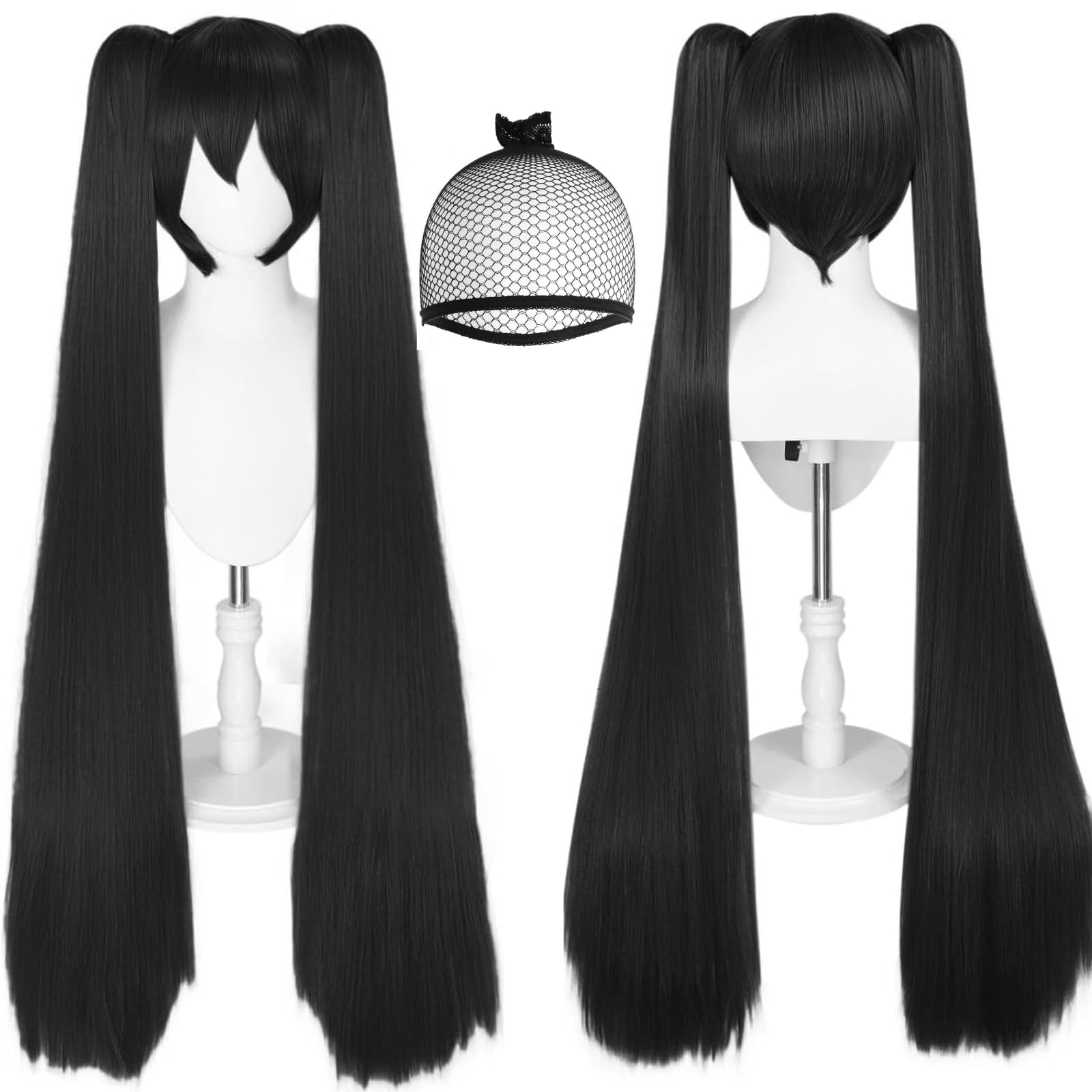 ANOGOL Hair Cap+48inch Black Wig Double Ponytails Wigs Long Straight Clip-on Ponytails Cosplay Wig with Bangs for Anime Costume Women Girls Dress Up Black Costume Party Wigs Halloween Black Hair