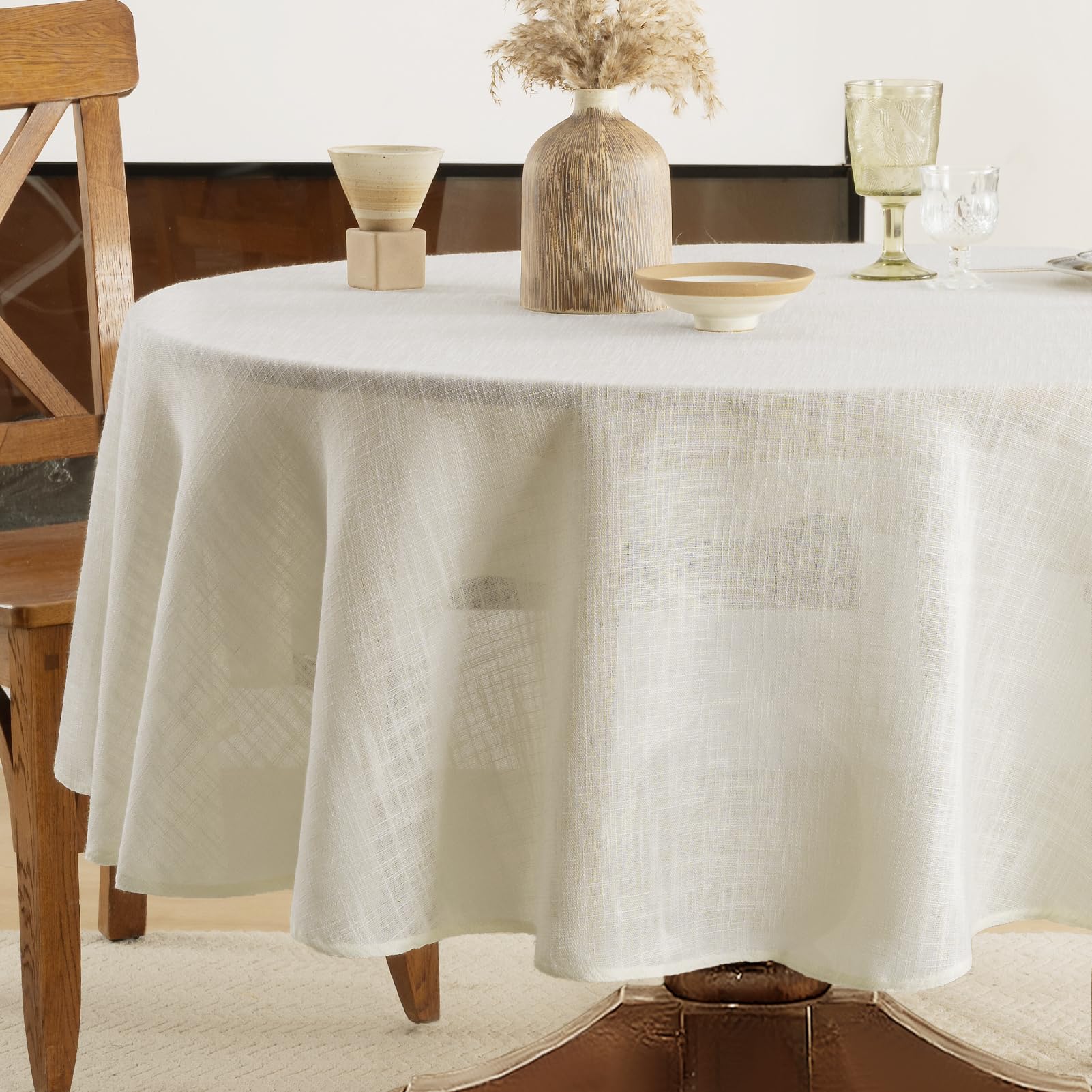 FIBORIA Round Tablecloth Small 120 cm Cream Faux Linen Table Cloth Wipe Clean Water Resistant Table Cover Washable Tablecloths for Dining Table Coffee Table Party Kitchen Indoor Outdoor, 47 inch — image 1