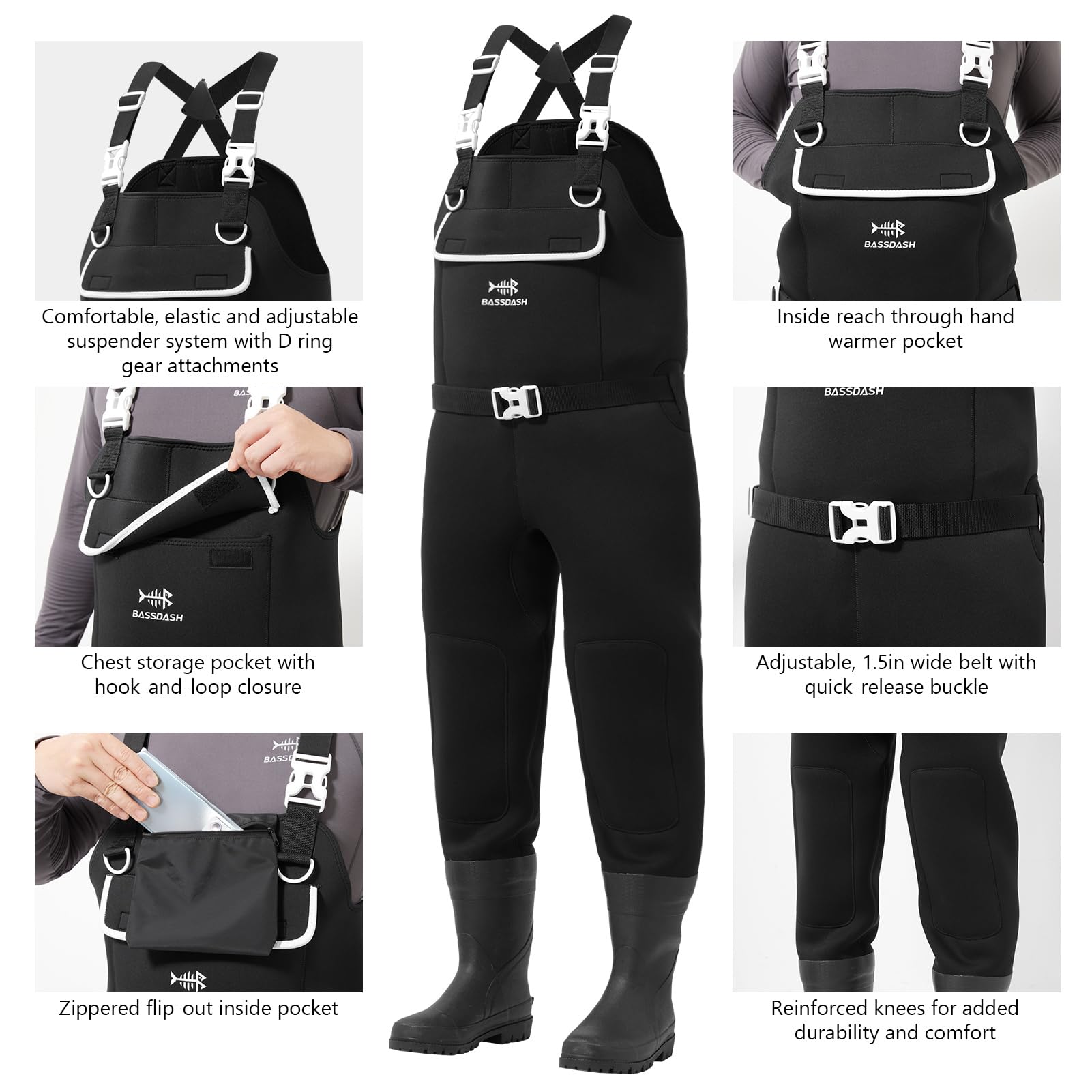 BASSDASH Stivali da uomo in neoprene nero canna mimetica per pesca caccia con stivali di gomma piede impermeabile petto trampolieri
