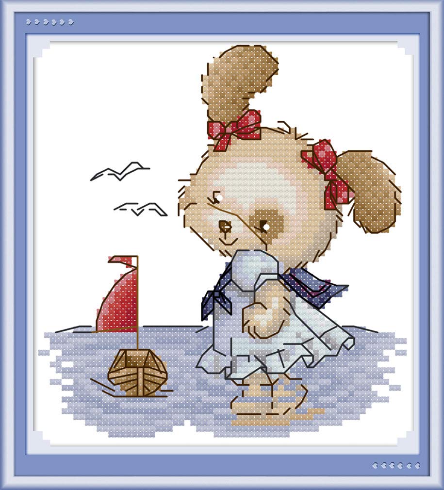 YEESAM ART New Counted Cross Stitch Kits Advanced - Plush Bear Girl - Embroidery Set Needlework DIY Handmade Christmas Gifts (Bear, Stamped)