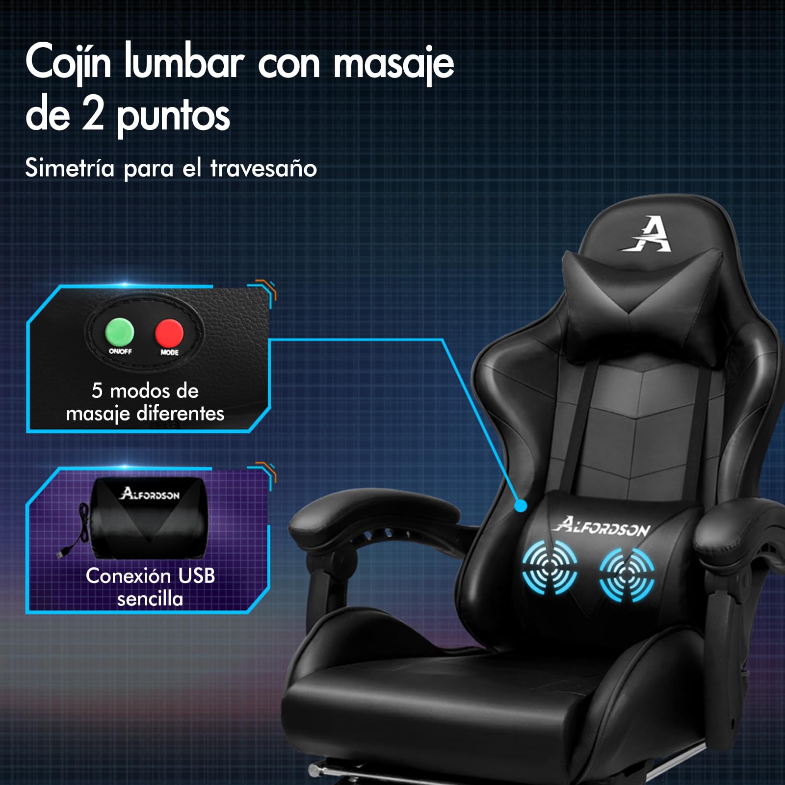 ALFORDSON Silla Gaming para Escritorio con Masajeador, Silla Gamer Ergonómica Cojín Lumbar y Cervical, Reposapiés Retráctil, Ruedas Giratorias 360°, para Ordenador,Oficina,Videojuego, Cuero PU(Negra)