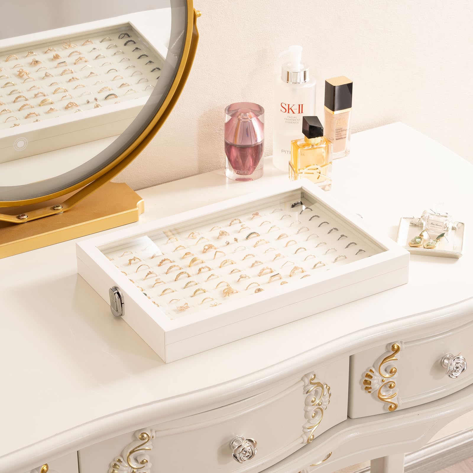 Lolalet Porta Anelli da Cassetto con Coperchio, Espositore Anelli 100 Grids Organizer Gioielli -Beige