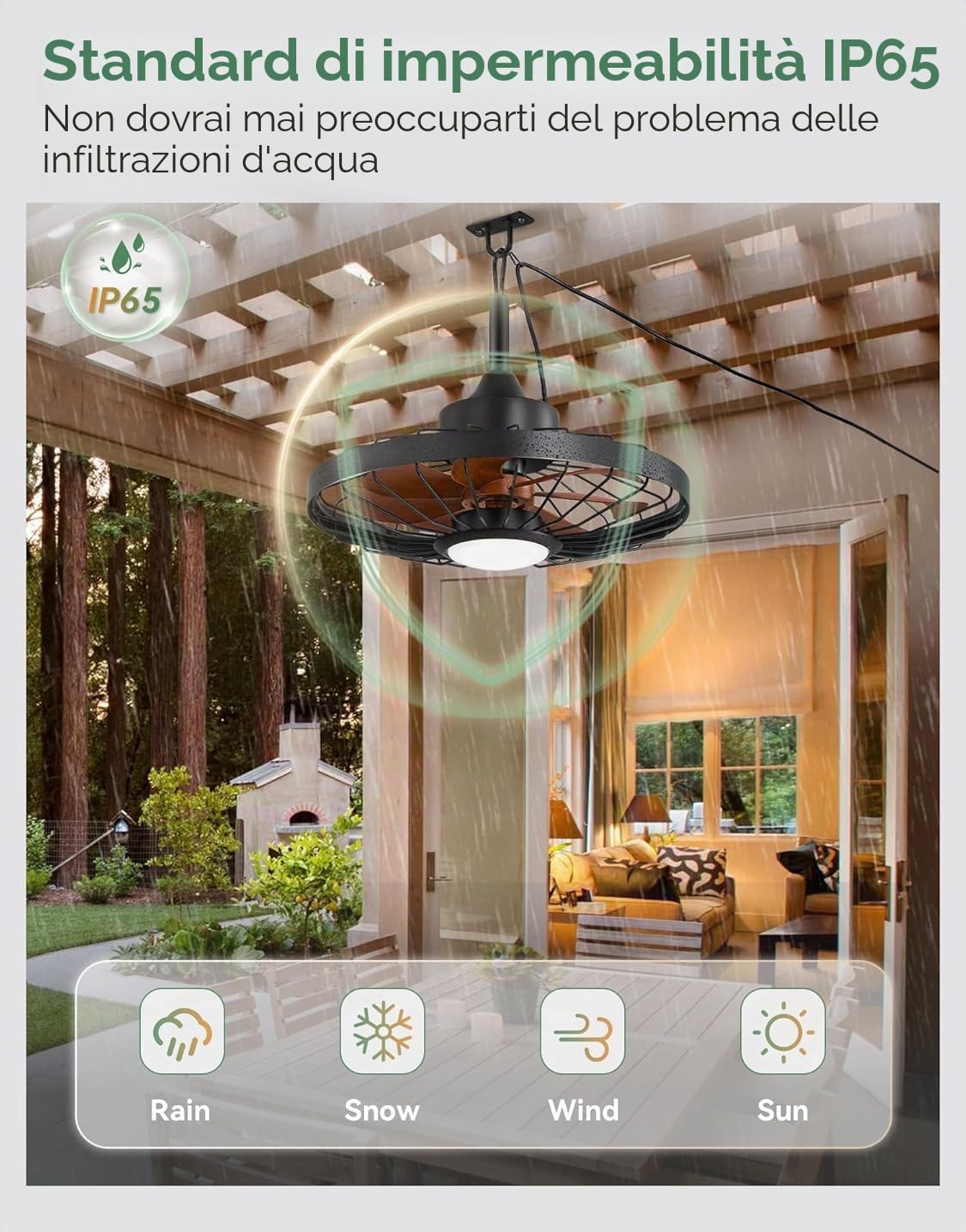 Ventilatore da Soffitto con Luce LED, Nero con Pale in Legno Scuro, Stile Industriale Retrò a Gabbia, Impermeabile IP65, 50 cm, Telecomando e Applicazione