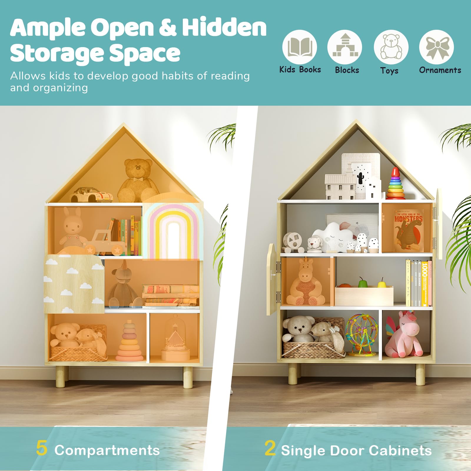 FANTASK Montessori - Libreria in legno, per bambini, a forma di casa, con 2 ante e gambe in legno massiccio, a 4 livelli, per camera dei giochi, cameretta dei bambini e camera da letto (naturale)