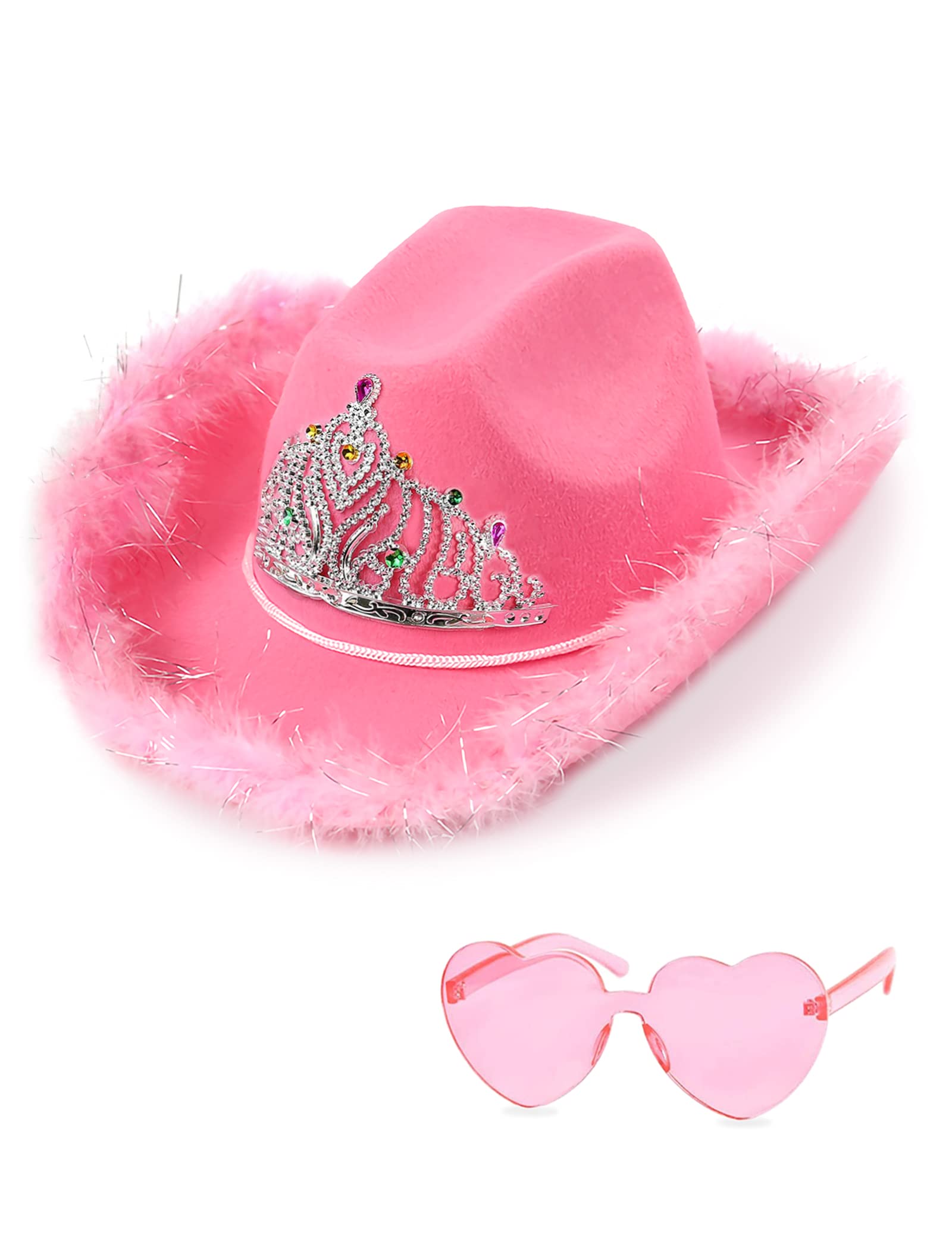JIANGLAI Cowboy Hat with Heart Shaped Sunglasses, Feather Cowgirl Hat for Halloween, Bachelorette Party (Pink)