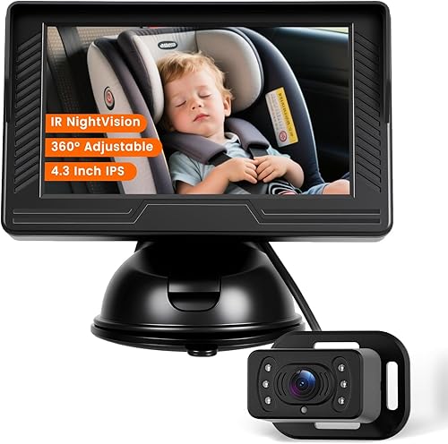 Cámara de coche para bebé HD con orientación trasera para bebé con monitor de 4.3 pulgadas, visión nocturna IR, gran angular, fácil de instalar 360