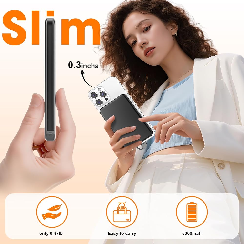 for MagSafe Portable Charger, 0.3" Ultra Slim 5000mAh Magnetic Power Bank, 25W PD Fast Charging Battery Pack with Built-in Cable, Travel Battery Bank for for iPhone 17/16/15/14/13/12, Black