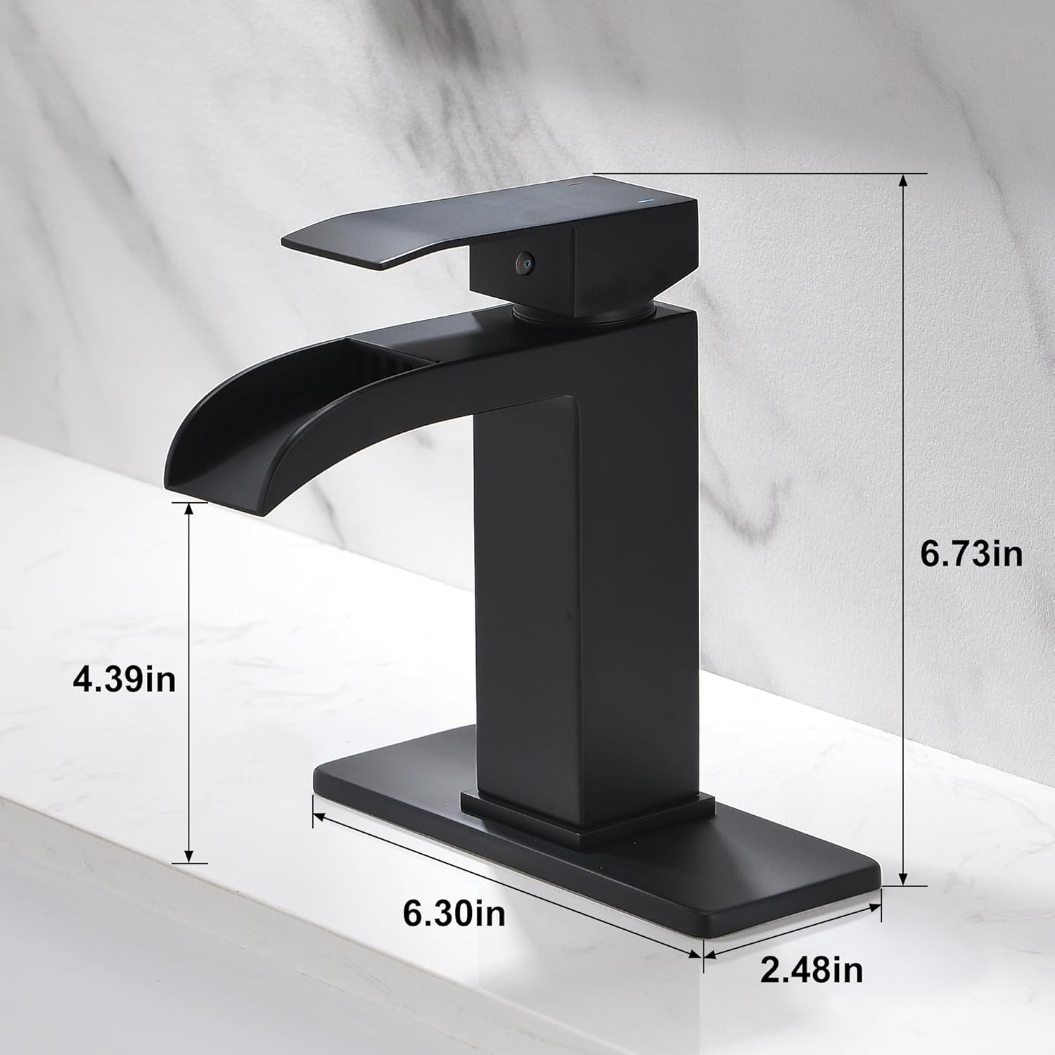 Waterfall Bathroom Faucet Black - Single Handle Bathroom Sink Faucets 1 or 3 Hole for 4IN Modern Solid Vanity Faucet with Deck Plate & Overflow Pop Up Drain Matte Black