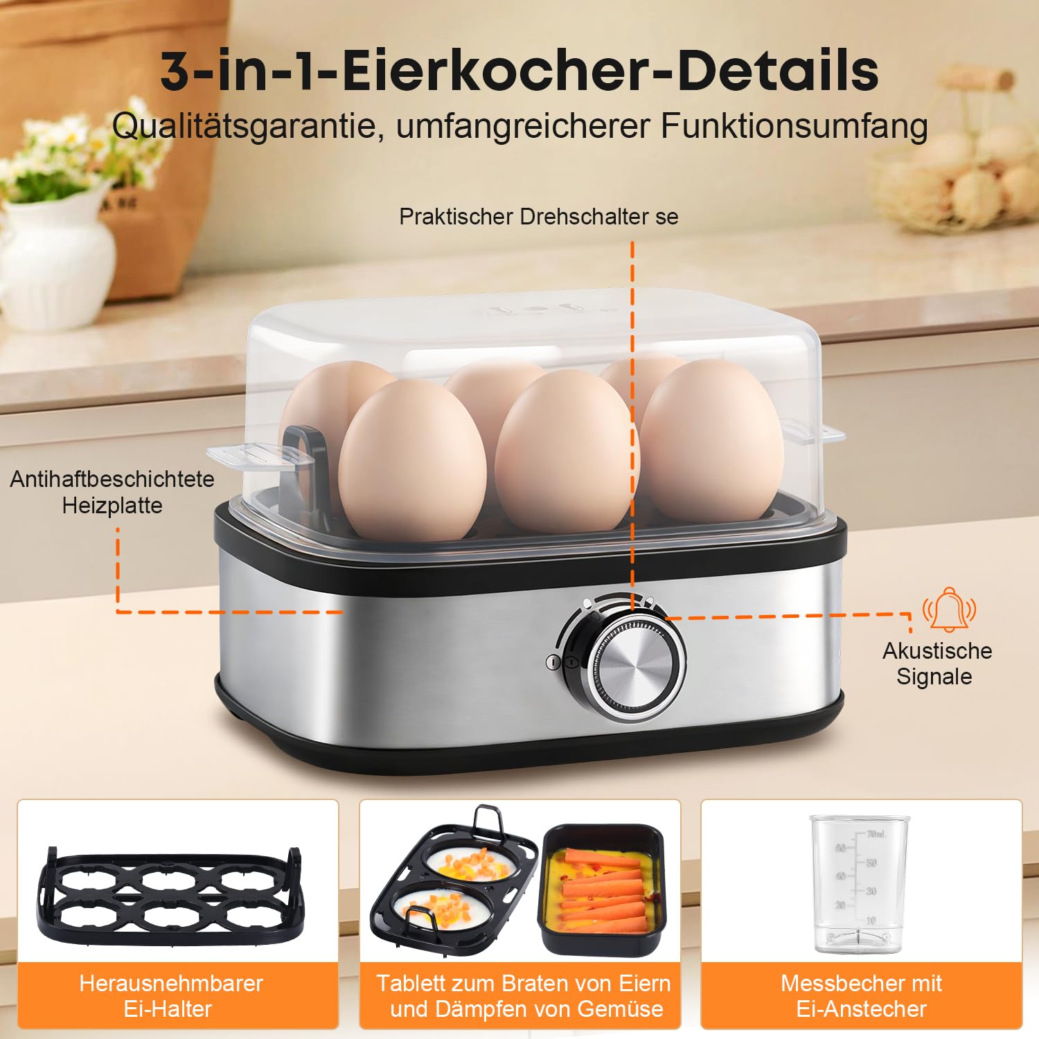 Hervidor de huevos 6 huevos cocina los tres niveles de cocción [suave|medio|duro] | Señal acústica, sin BPA, para huevos con tortilla, bandeja y huevera