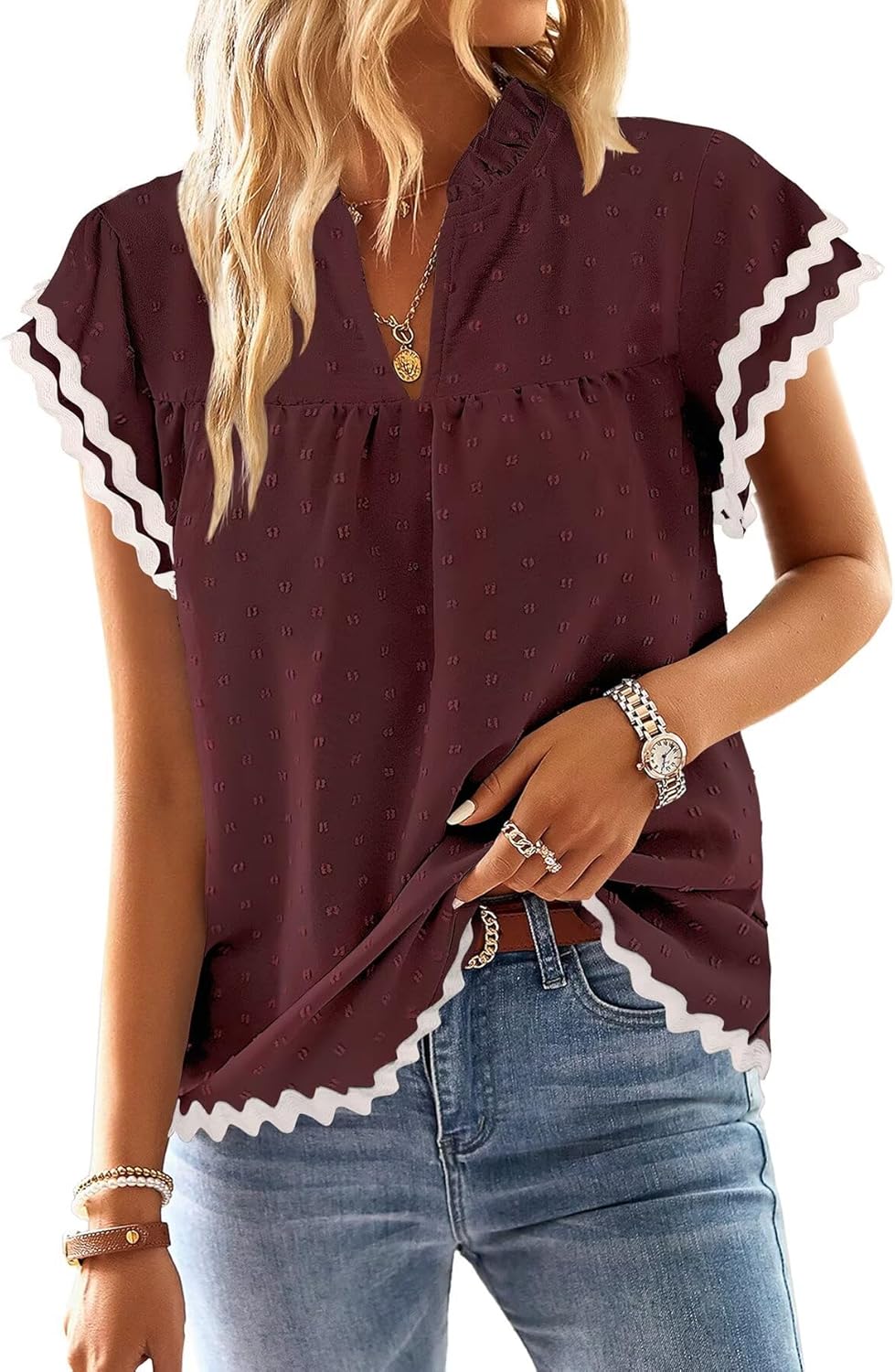 Falechay Womens Tops Summer Short Ruffle Sleeve V Neck Blouses Cute Boho Swiss Dot Lace Shirts Casual Flowy RIC Rac Trims Tee