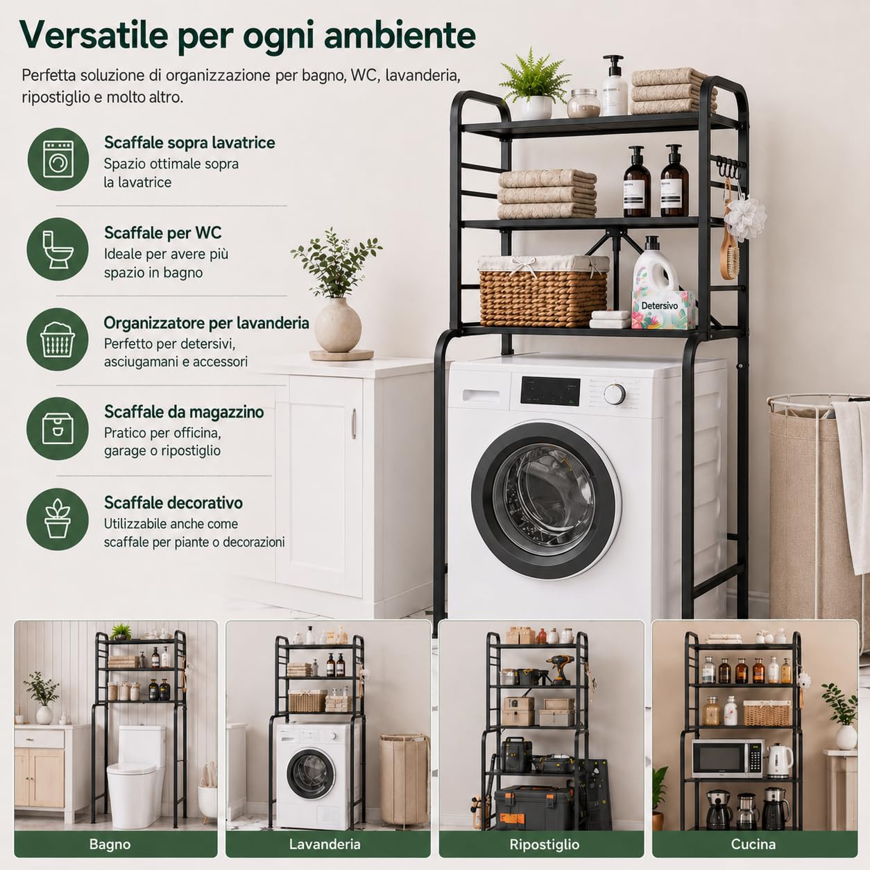 Scaffale Sopra Lavatrice in Metallo a 3 Ripiani, Mobiletto per Lavatrice con 8 Ganci, Ripiano Sopra Lavatrice Regolabile in Altezza, Organizer Stabile per Bagno WC Lavanderia, 66x155x49 cm