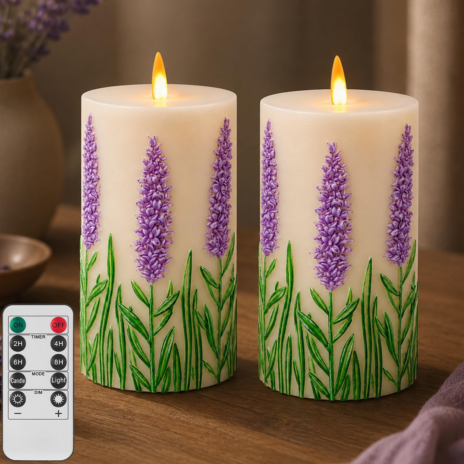 Lot de 2 bougies en forme de tulipe à LED sans flamme avec télécommande et minuteur - En cire véritable - Fonctionne à piles - Pour maison, fête de mariage, vacances - Lavande violette