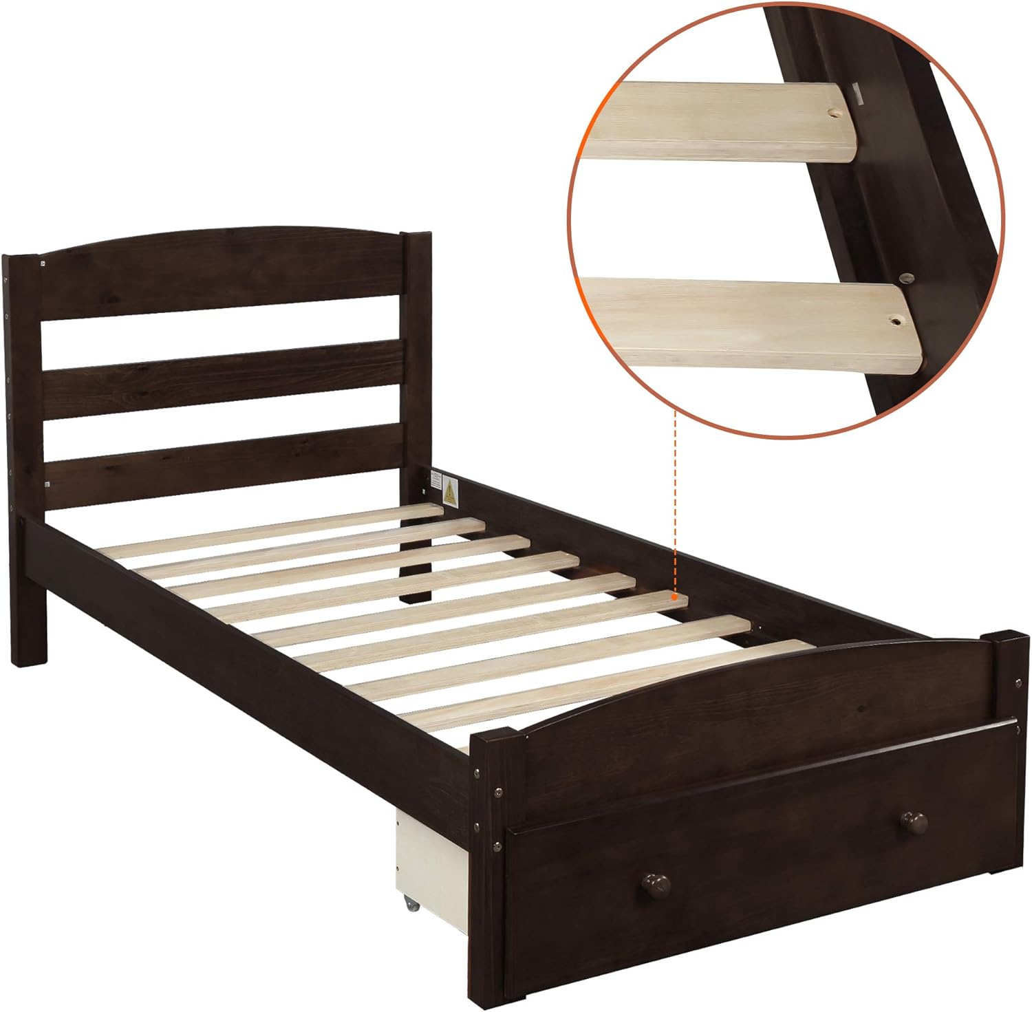 Twin Platform Bed with Headboard, Solid Pine Wood Bed Frame with 2 Drawer and Slats Support for Kids Teens, No Box Spring Needed, Espresso