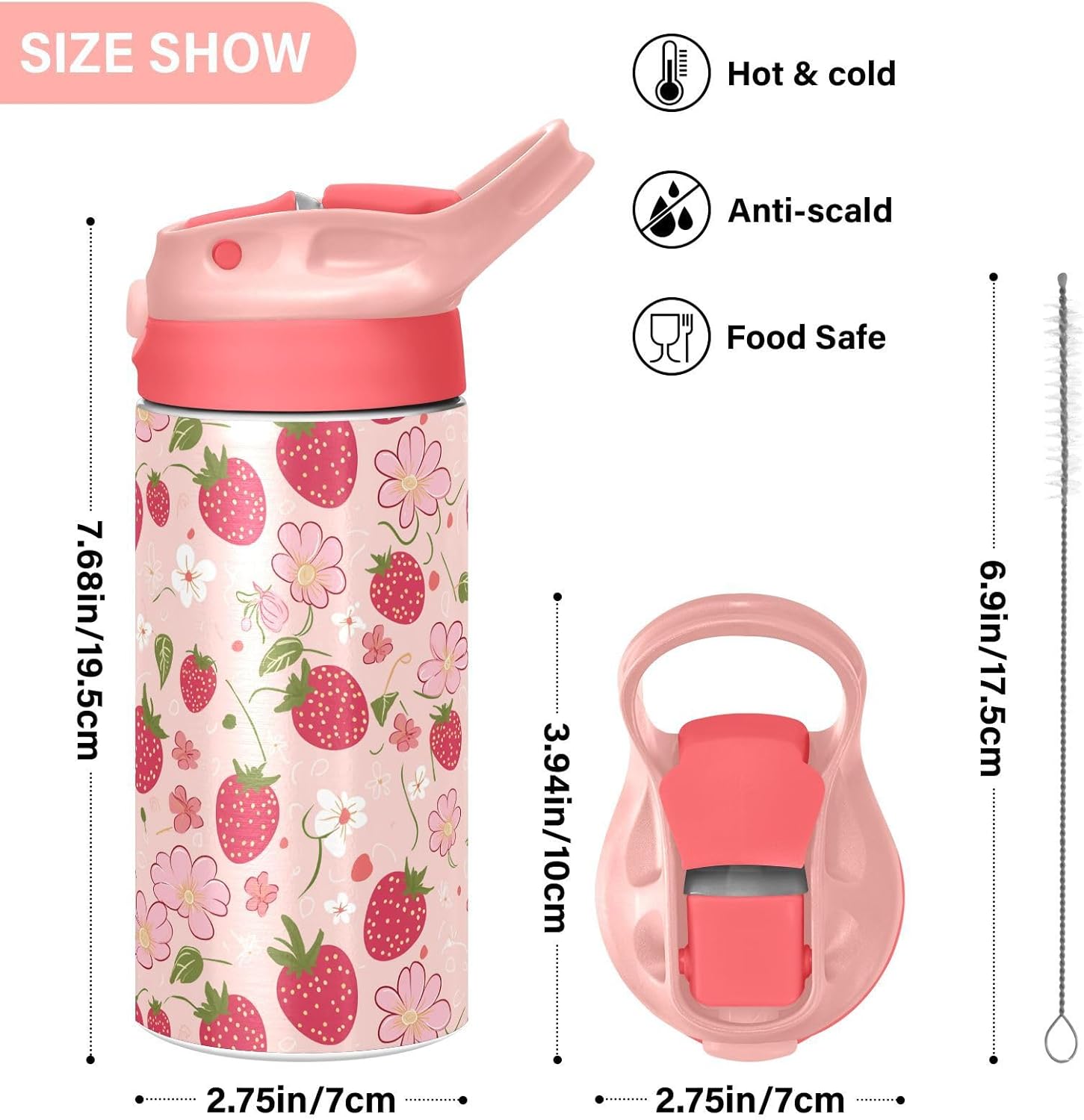 Strawberry Flowers Cute Girls Water Bottle with Straw and Carry Handle Pink Vacuum Insulated Stainless Steel Bottles Leak-Proof for Kids Boys Toddler 12 oz Pink Lid