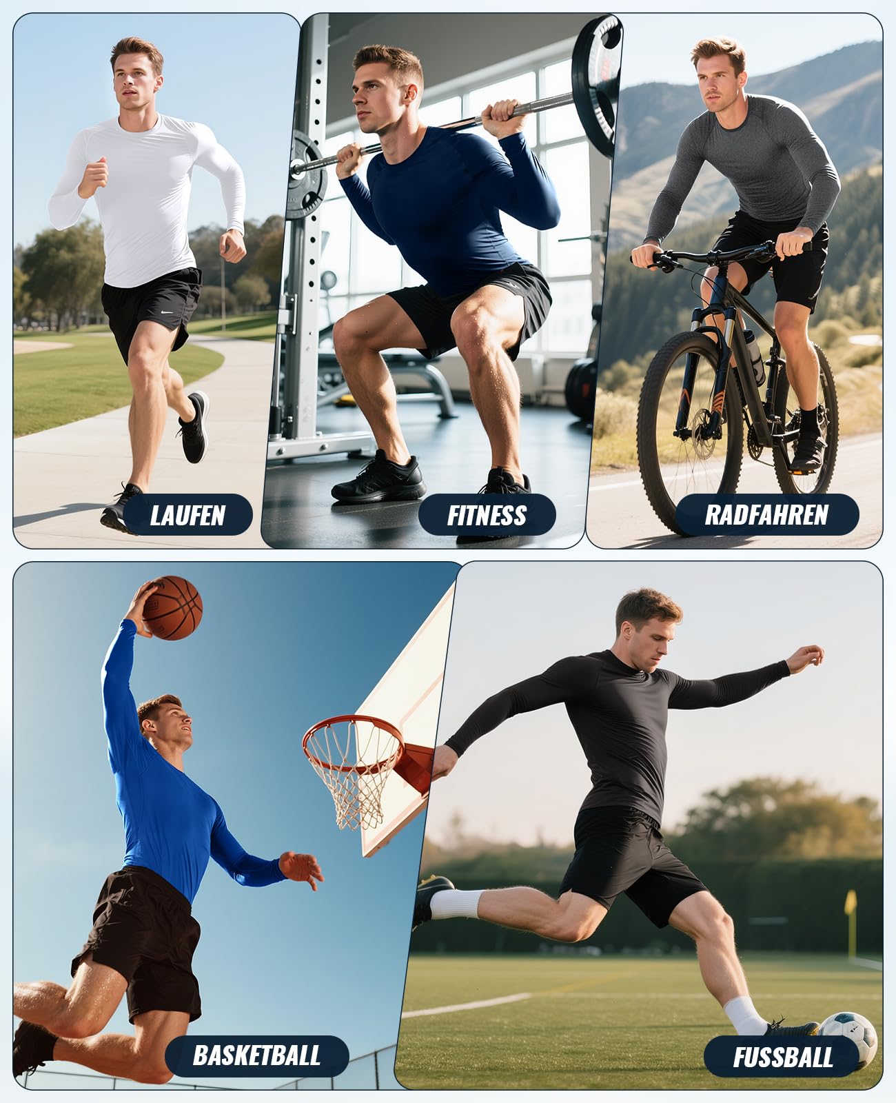 Niksa Lot de 1/2/3 t-shirts de compression pour homme, t-shirt fonctionnel à manches longues, col rond, respirant, pour la course, l'entraînement, le fitness