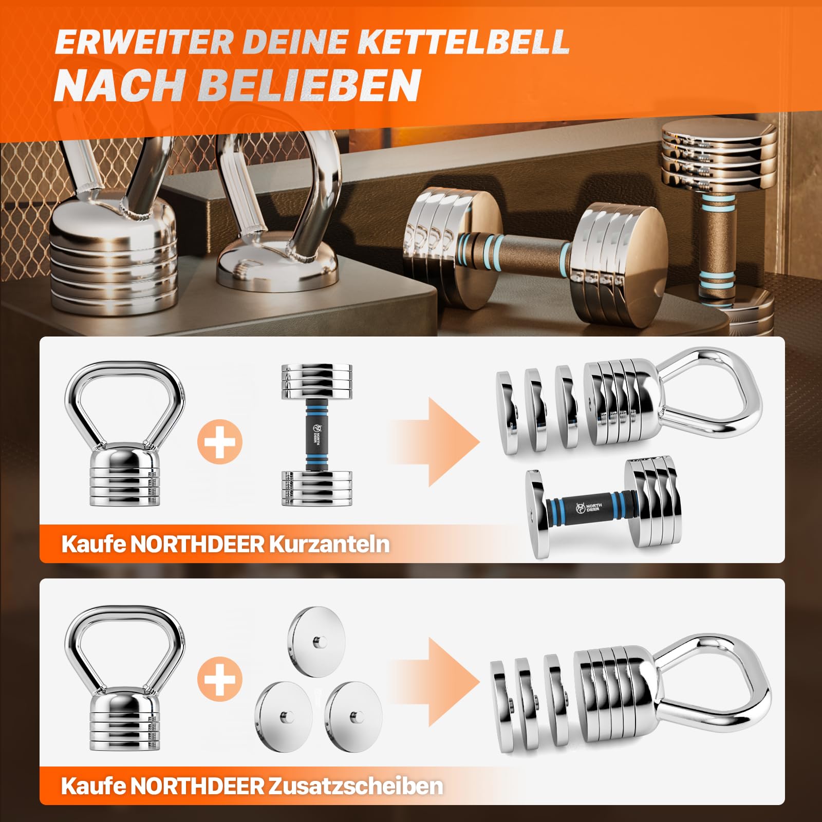 Northdeer Kettlebell regolabile 10 kg – manubrio in acciaio 5 kg 6,25 kg 7,5 kg 8,75 kg 10 kg regolabile – pesi per allenamento di forza fitness a casa