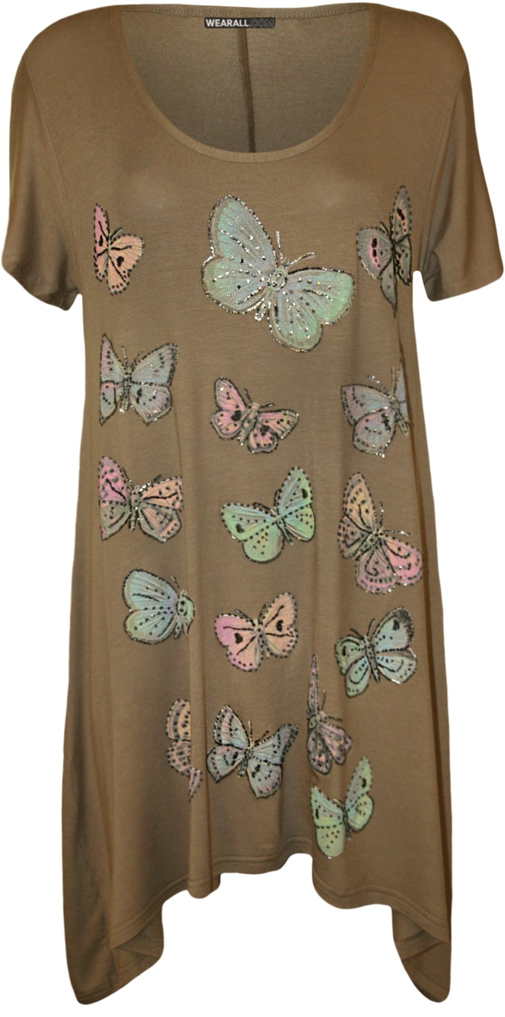 Wearall Women's Mocha Plus Size Butterfly Print Short Sleeve Hanky Hem T-Shirt Top - 26-28