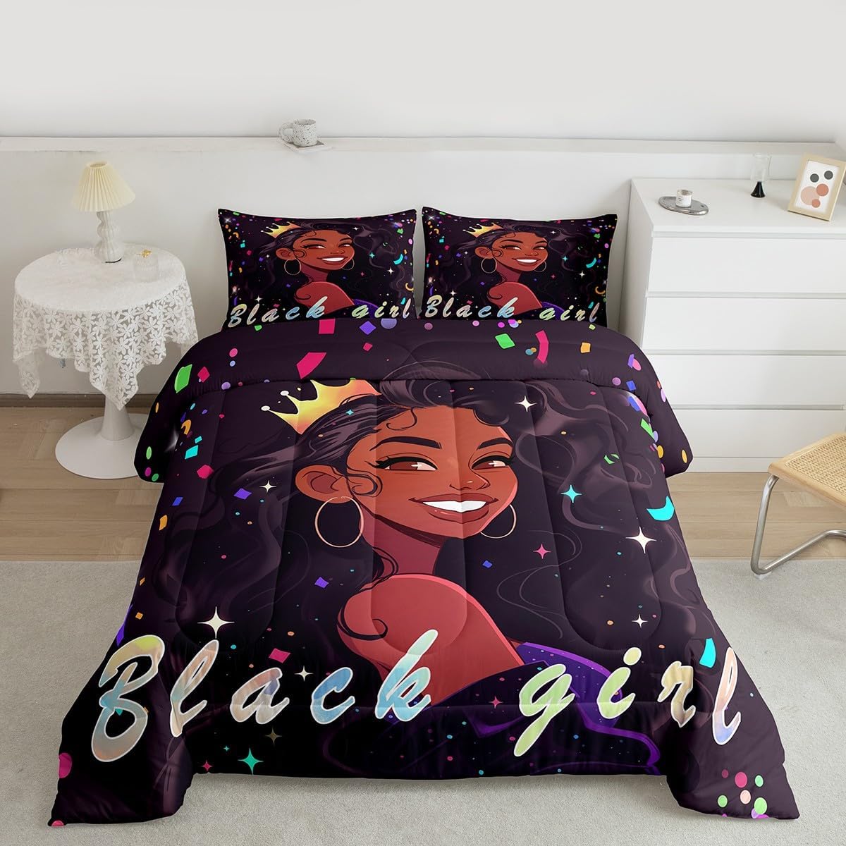 Erosebridal American Women Comforter Set, Black Girls Bedding Set Full Size African Style Black Girls Duvet Insert Rainbow Colored Dot Bedding Comforter Sets for Kids Girls Teens Women Bedroom