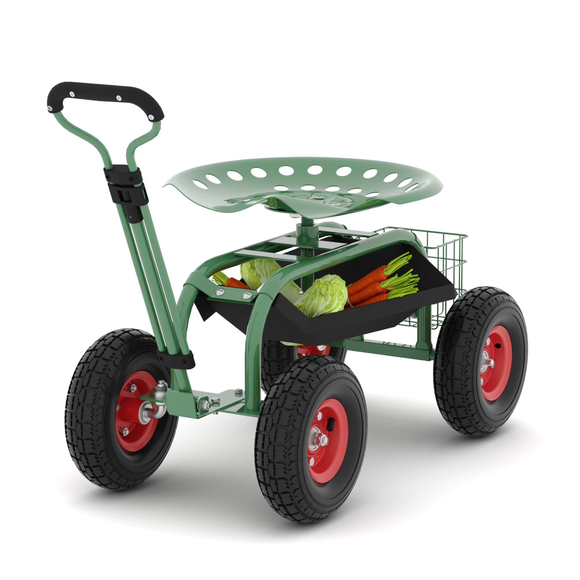 Carrello Da Giardino Con Sedile Su Ruote, Sgabello Da Giardino Con Ruote, Sgabello Da Giardinaggio Resistente Per Piantare Con Sedile Girevole a 360 Gradi, Maniglia Di Sterzo e Vassoio Portau